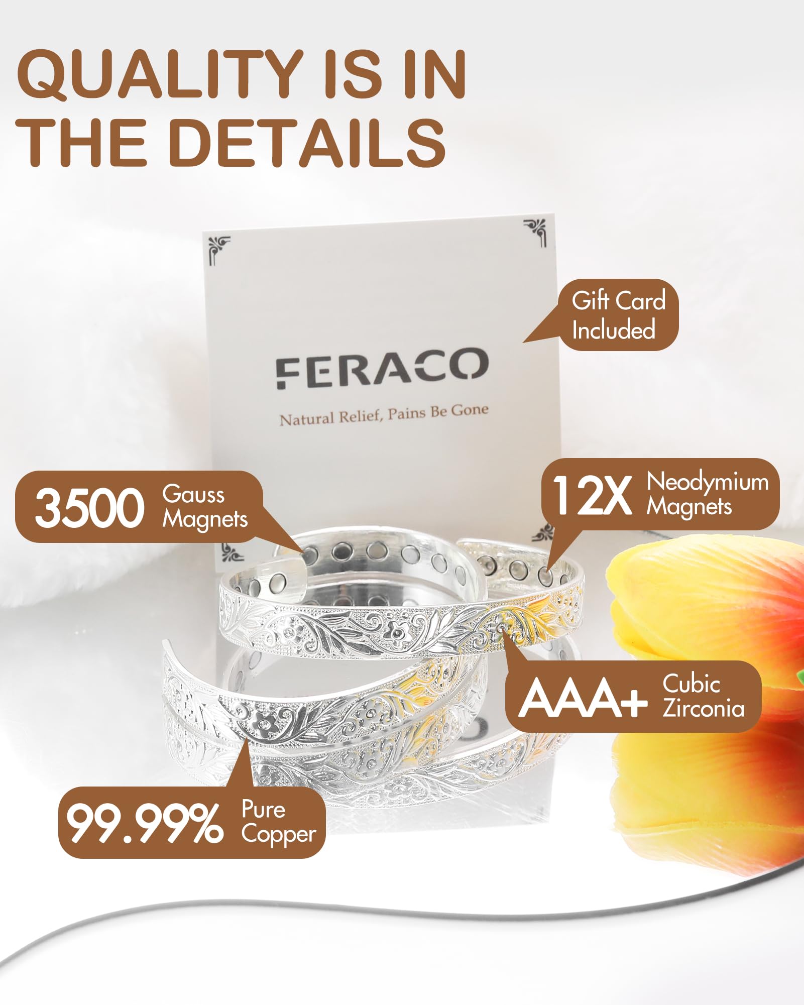 Feraco Copper Bracelet for Women, 12X Ultra Strength Magnetic Bracelets, 99.99% Pure Copper Cuff Bangle with 3500 Gauss Neodymiu