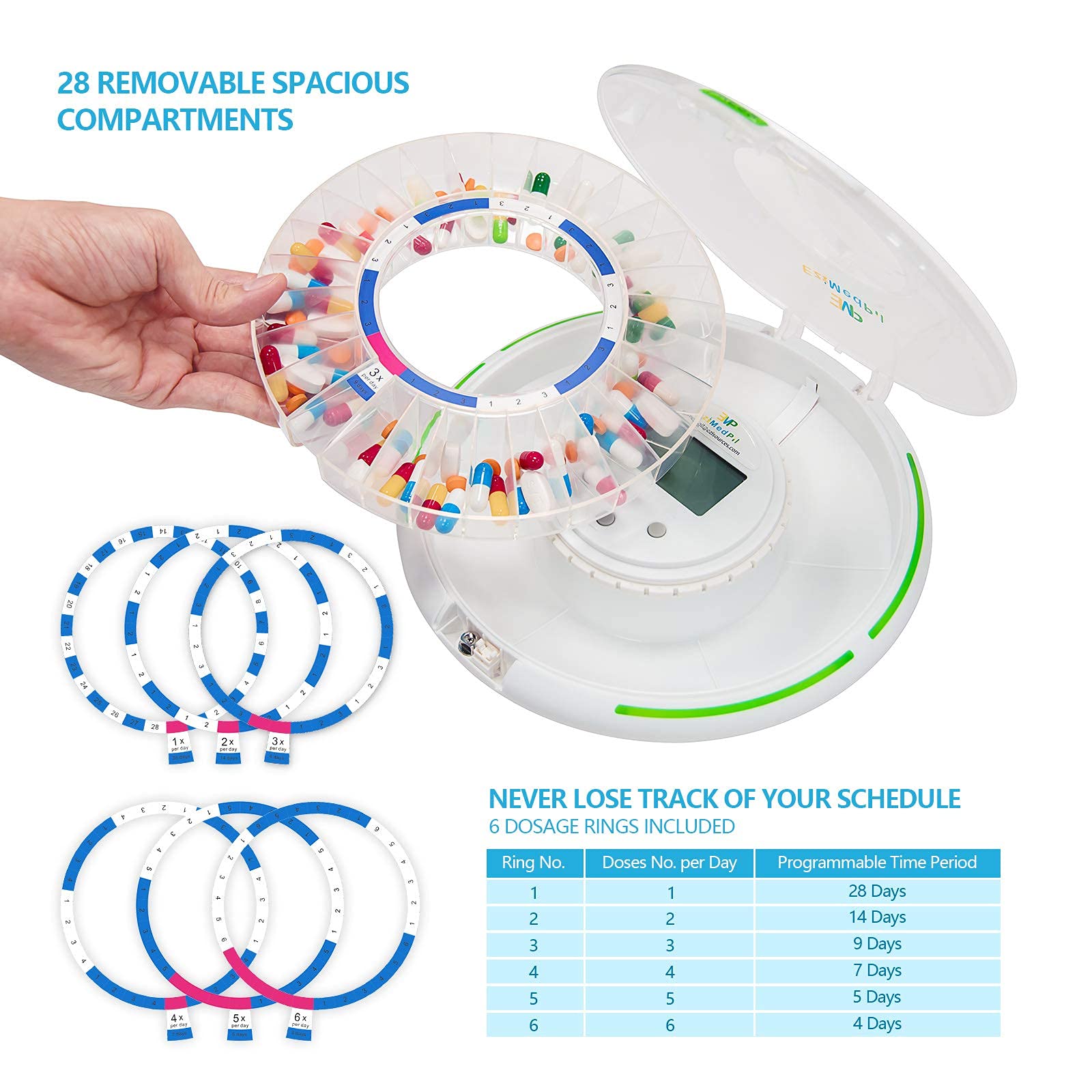 EziMedPil Automatic Pill Dispenser with Alarm, Sound & Light, up to 6 Alarms/Day, 6 Dosage Templates, Easy-Read Display, Frosted