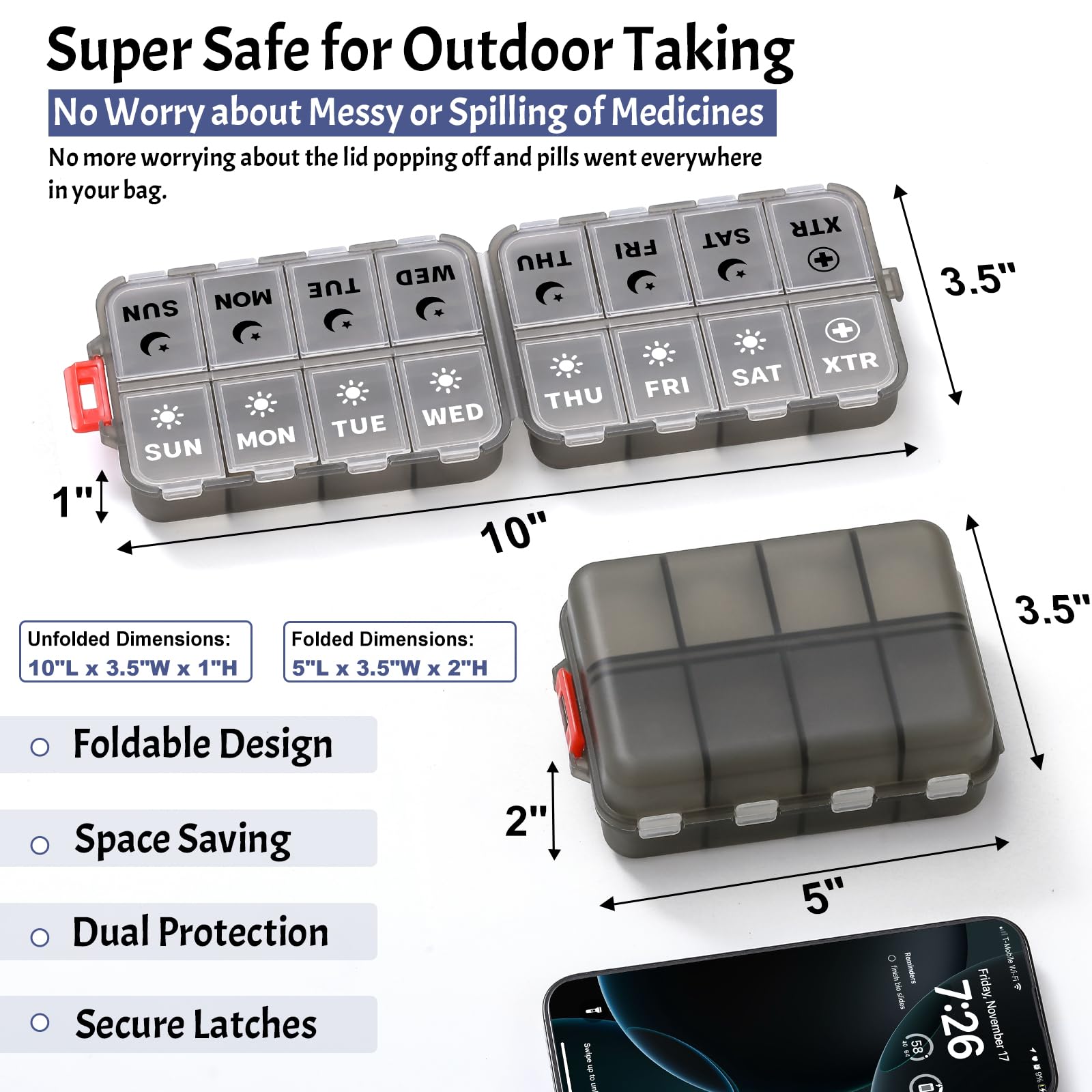 Foldable Weekly Pill Organizer 2 Times a Day with 2 Extra Compartments (Clear Printed Labels) - 7 Day AM PM Medicine Box, Week D