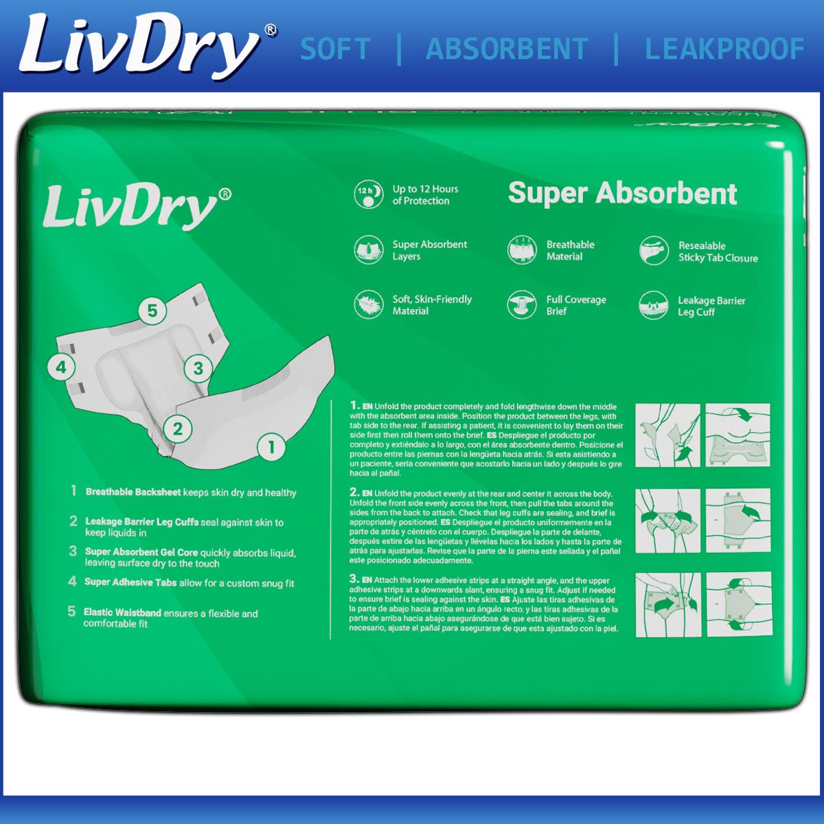 LivDry MegaBriefs Adult Diapers with Tabs, Max 12-Hour Capacity, Super Absorbent Incontinence Underwear, Leak Protection Briefs,