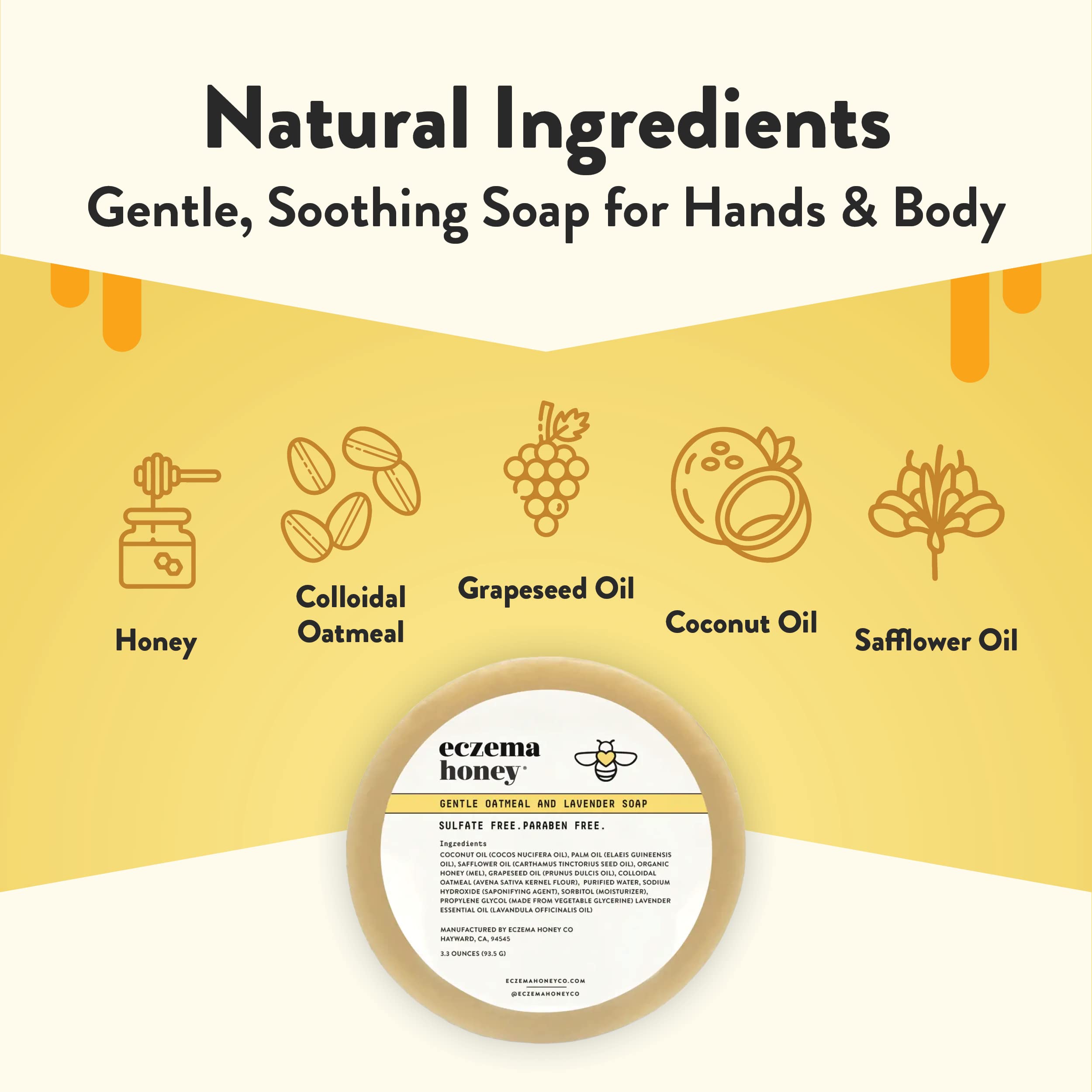 ECZEMA HONEY Gentle Oatmeal and Lavender Soap - Natural Eczema Body Wash - Daily Gentle Soap for Dry, Itchy, Sensitive, & Irrita