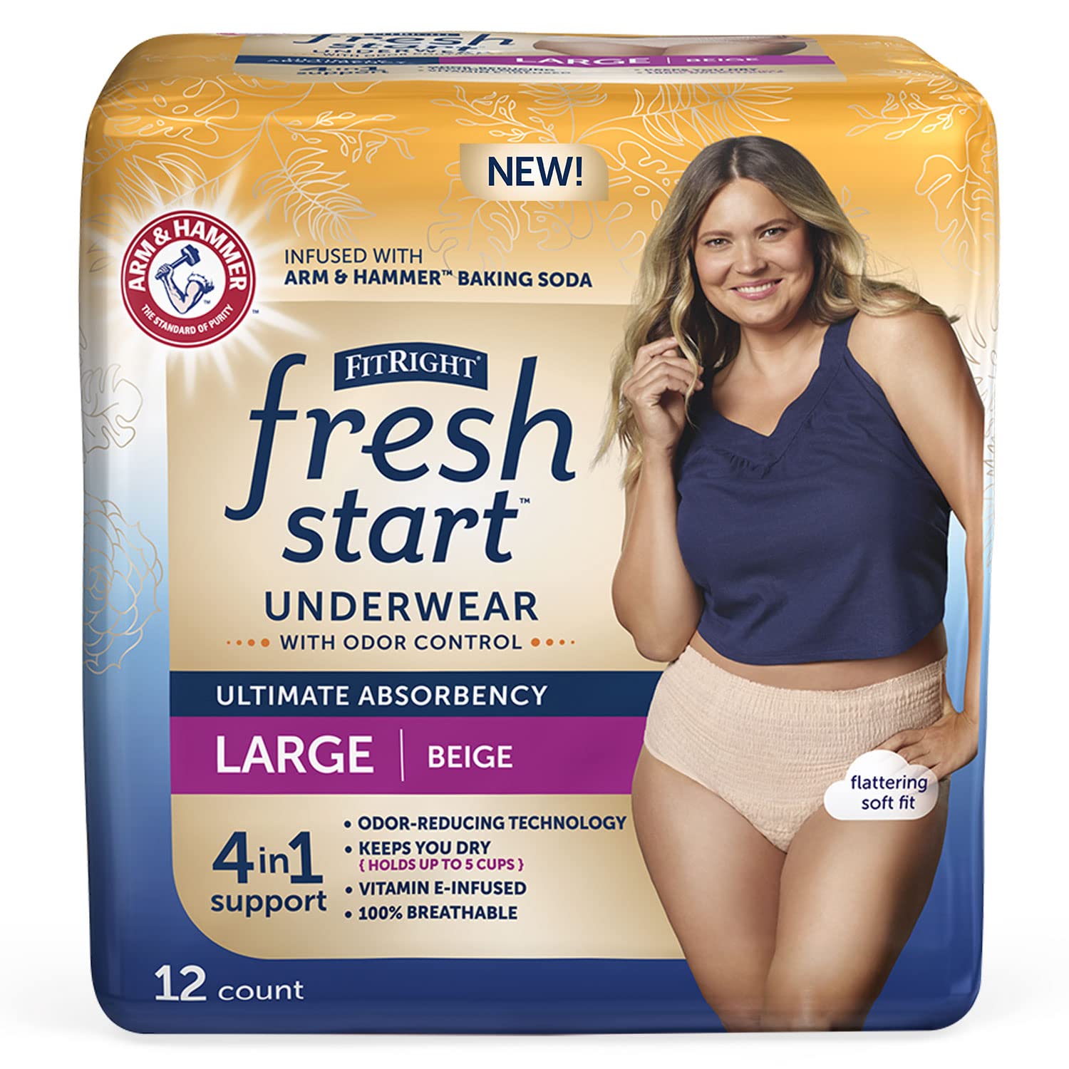 FitRight Fresh Start Incontinence and Postpartum Underwear for Women, Large, Beige (12 Count) Ultimate Absorbency, Disposable Un