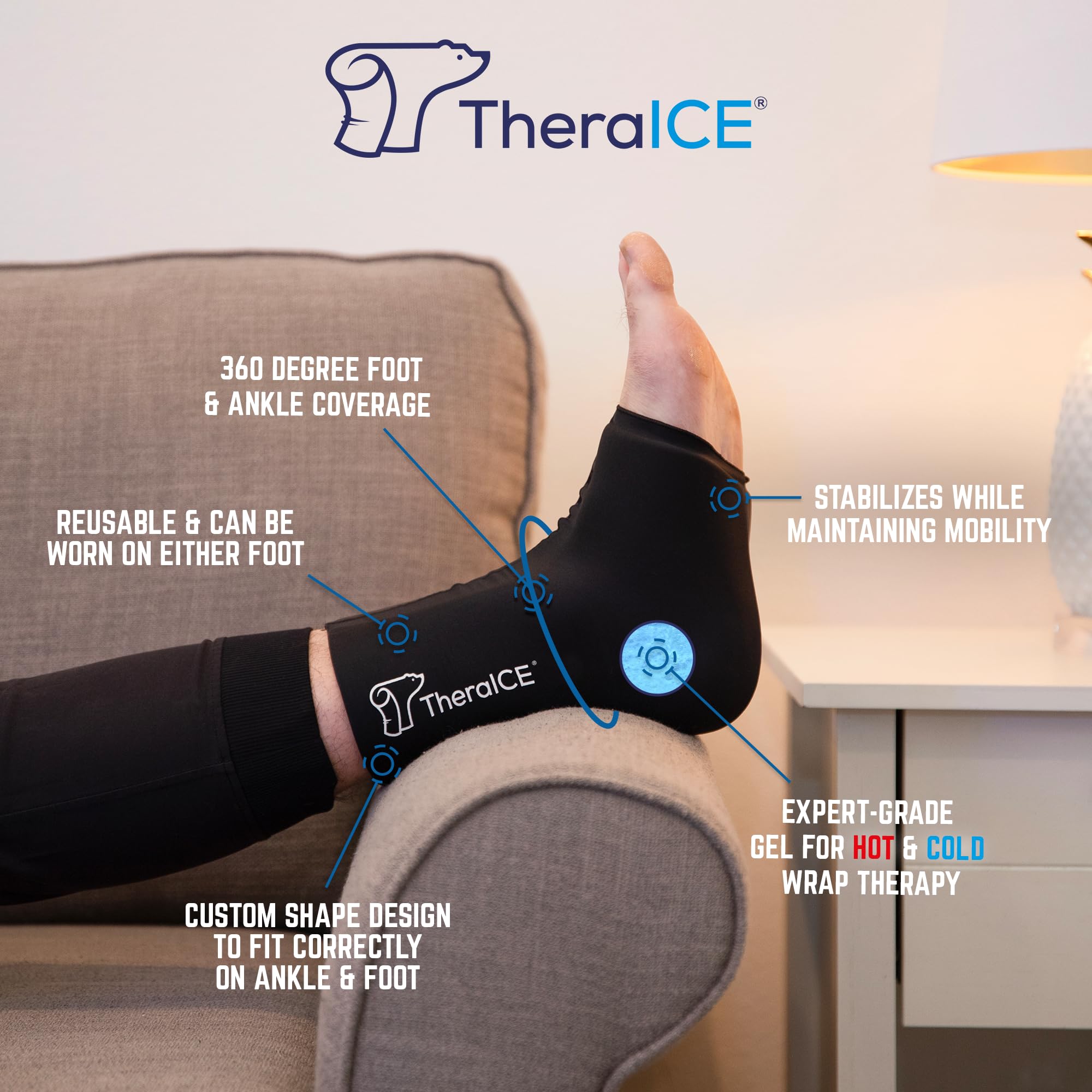 TheraICE Ankle Ice Pack Wrap for Swelling, Reusable Ankle Ice Pack for Sprained Ankle Injuries, Cold Therapy Sock Compression, P