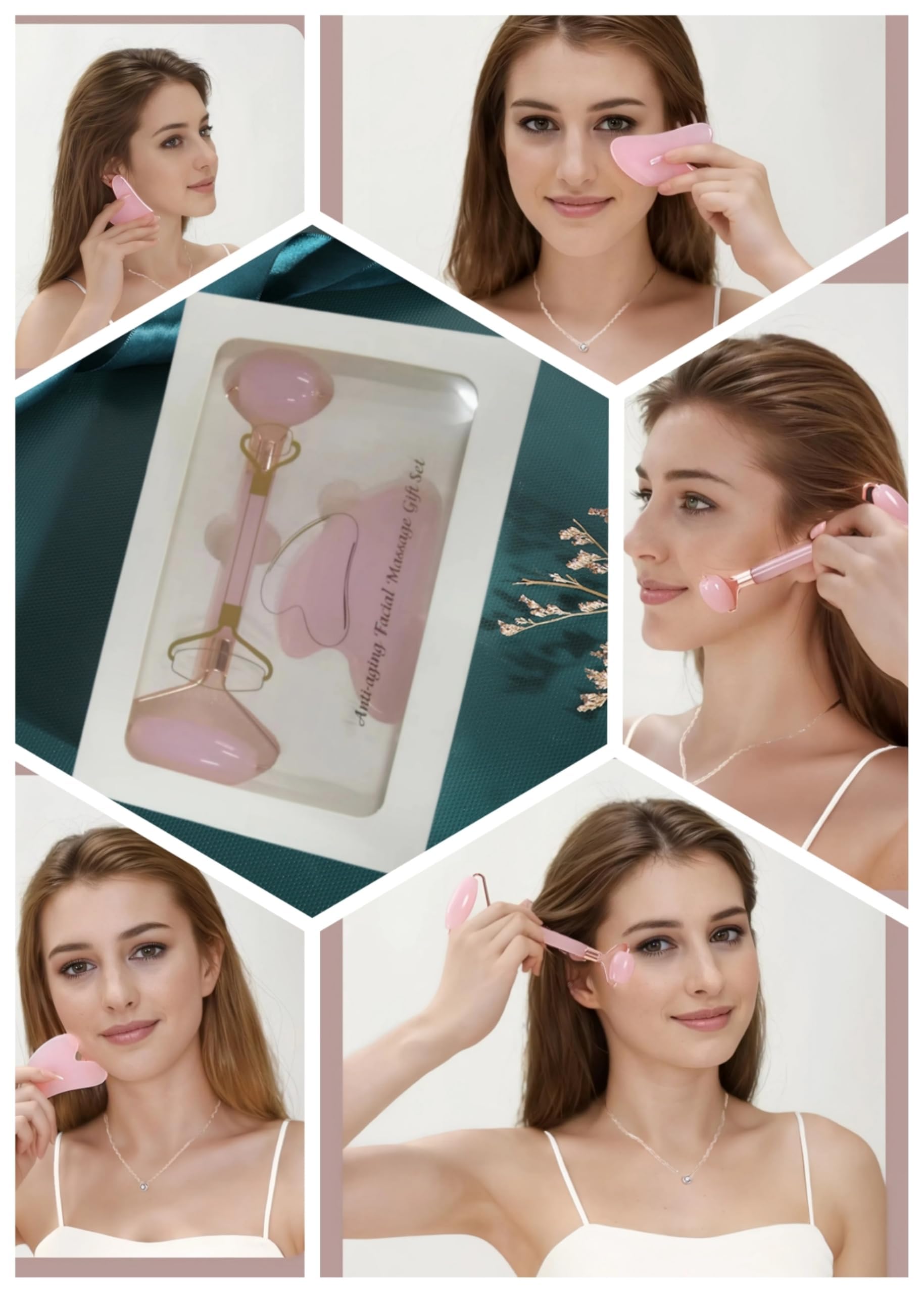 Bolithui Jade Roller Massage Stick & Gua Sha Set - 100% Natural Stone Facial Massage Tools for Lymphatic Drainage, Anti-Puffines