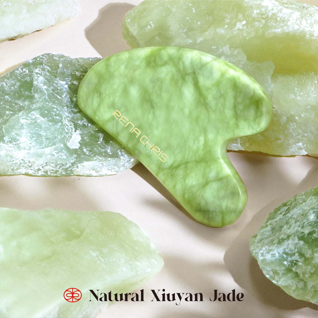 Rena Chris Gua Sha Facial Tools, Natural Jade Stone Guasha Tool for Face, Manual Massage Tool for Jawline Sculpting and Puffines