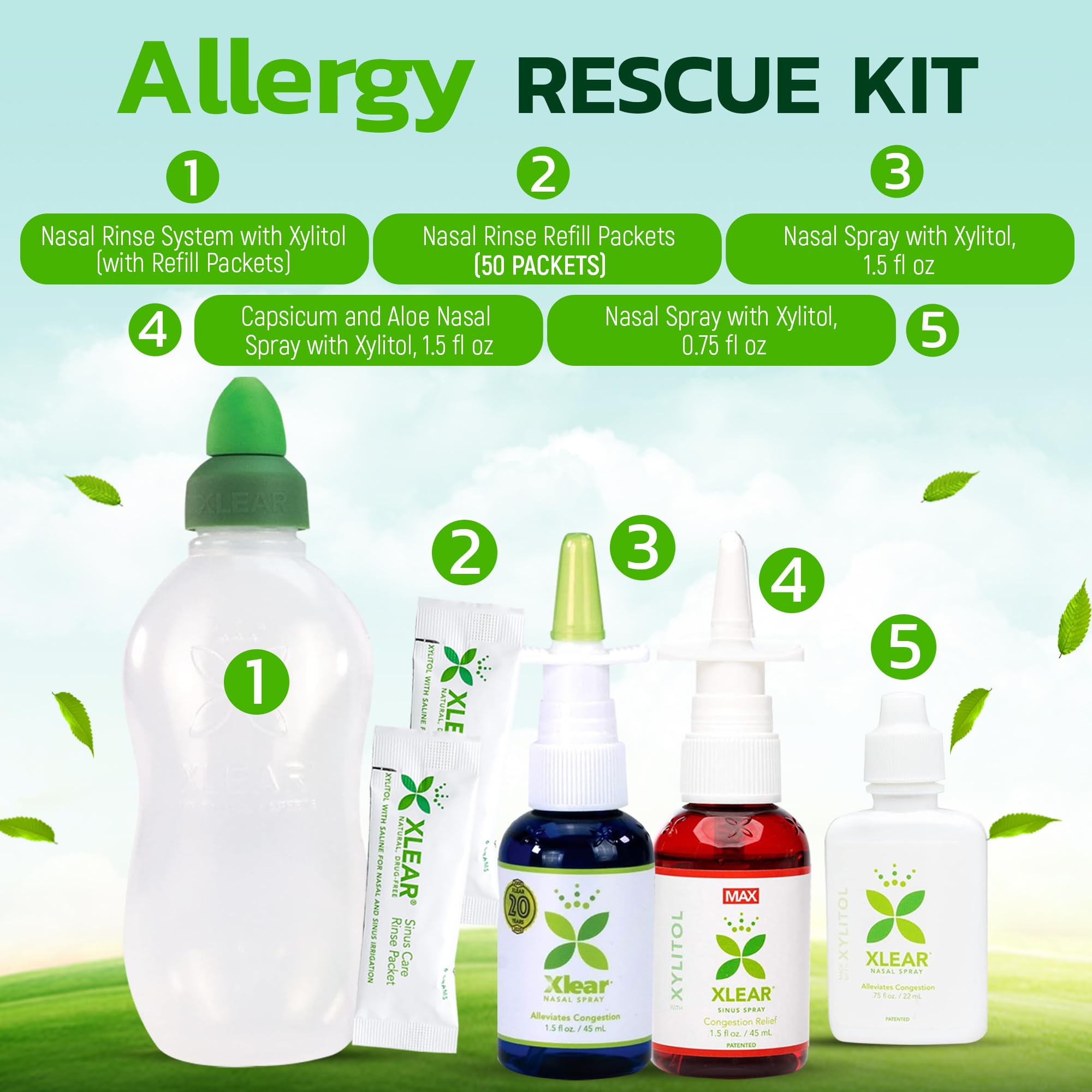Xlear Allergy Relief Kit, All Day Allergy Rescue Kit Including Xlear Nasal Spray with Xylitol, Xlear MAX Nasal Spray, Xlear Nasa