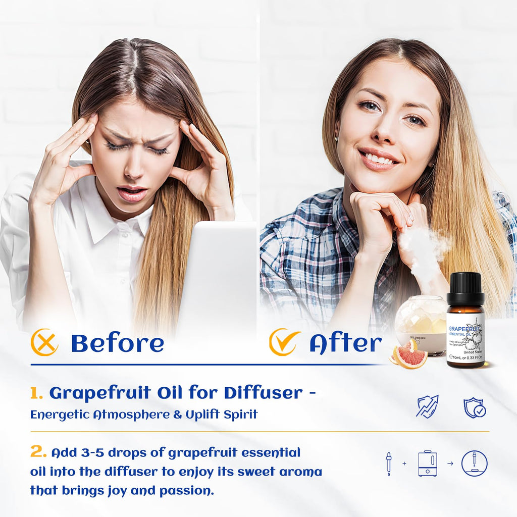 HIQILI Grapefruit Essential Oil, for Diffuser, Skin Care, 100% Pure and Natural - 0.33 Fl Oz