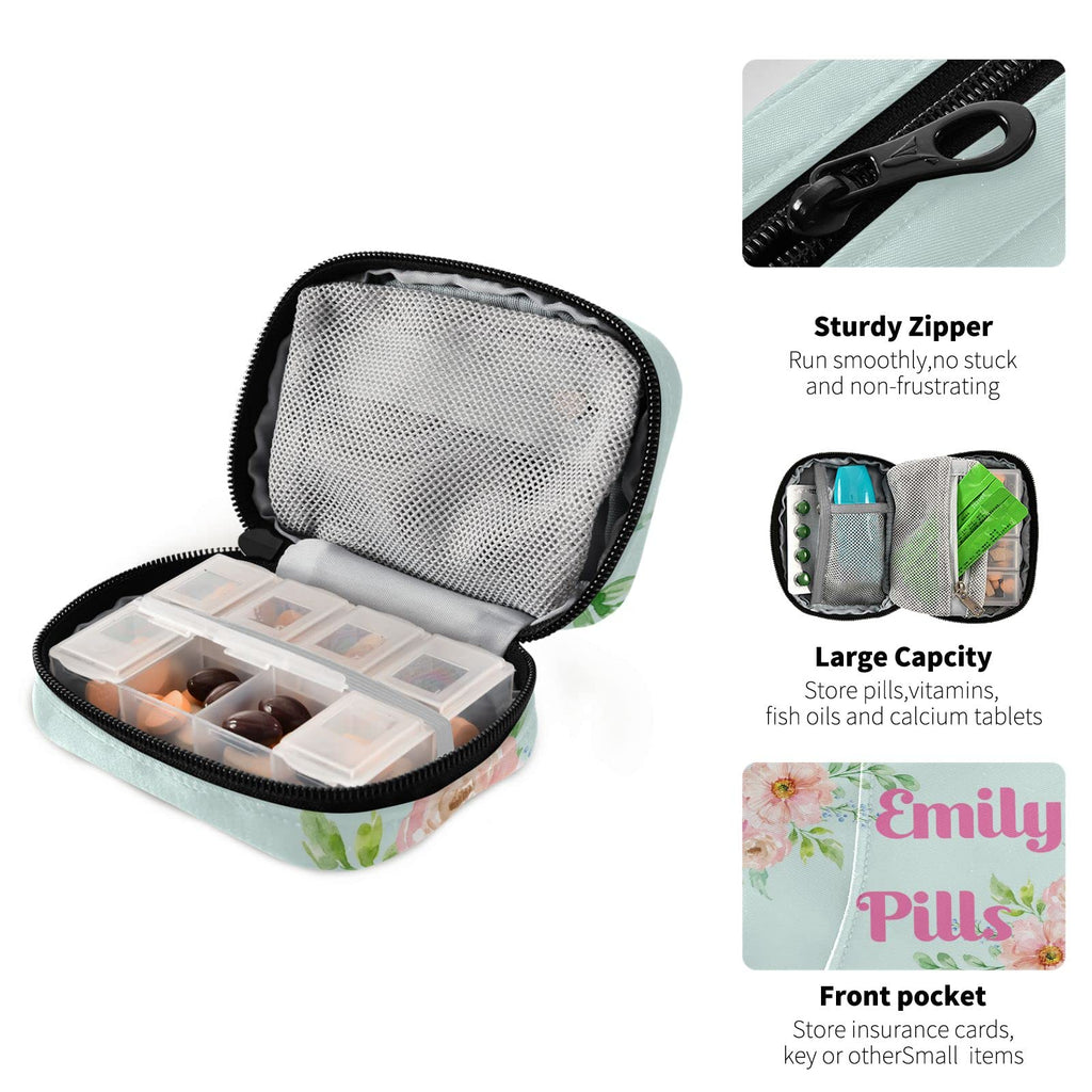 Custom Pill Box 7 Day Pill Case Bag Pink Flowers Watercolor Personalized Name Travel Pill Organizer Bag with Zipper Portable Wee