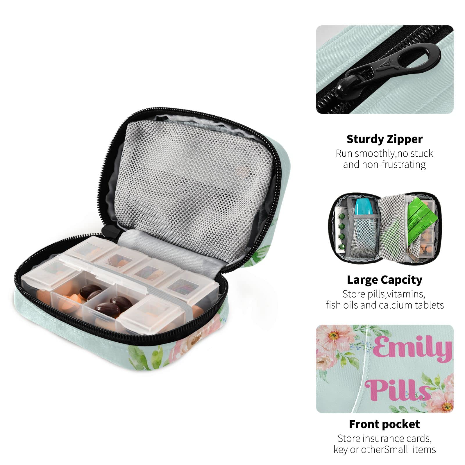Custom Pill Box 7 Day Pill Case Bag Pink Flowers Watercolor Personalized Name Travel Pill Organizer Bag with Zipper Portable Wee