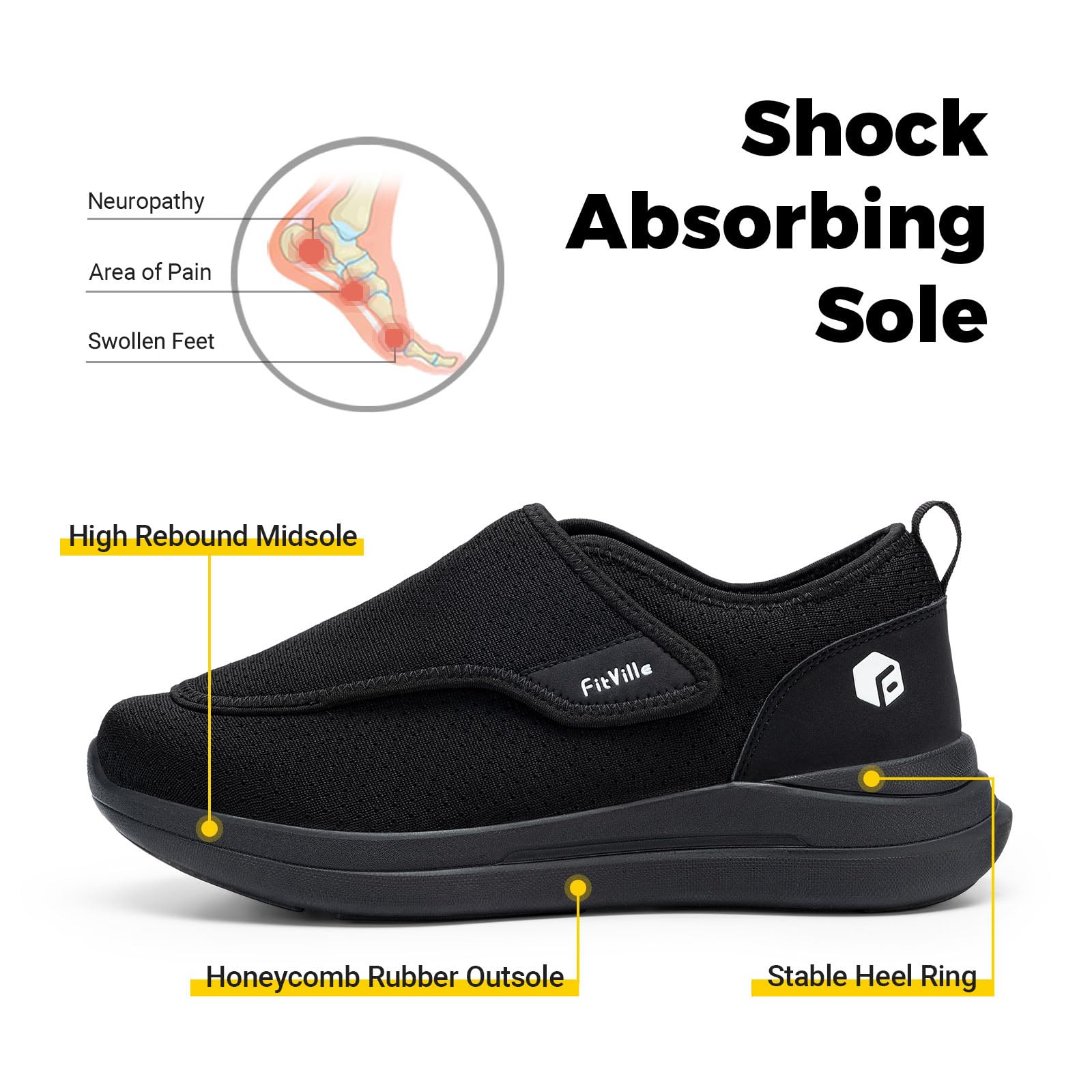 FitVille Diabetic Shoes for Men Extra Wide Slip-on Shoes for Swollen Feet Adjustable Walking Shoes for Elderly Foot Pain Relief