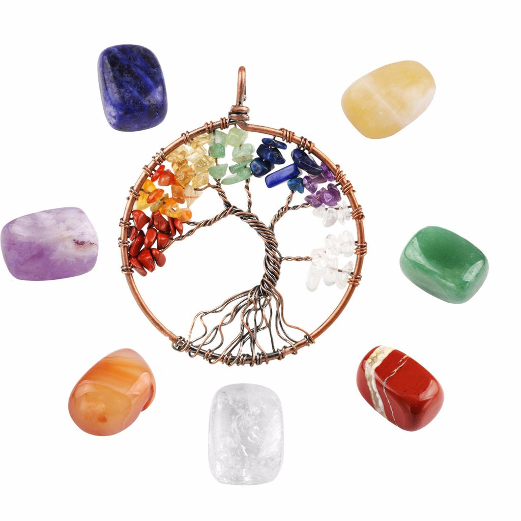 Rockcloud Healing Crystal Kit,7 Chakra Stones & Wire Wrapped Pendant Set