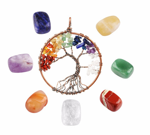 Rockcloud Healing Crystal Kit,7 Chakra Stones & Wire Wrapped Pendant Set