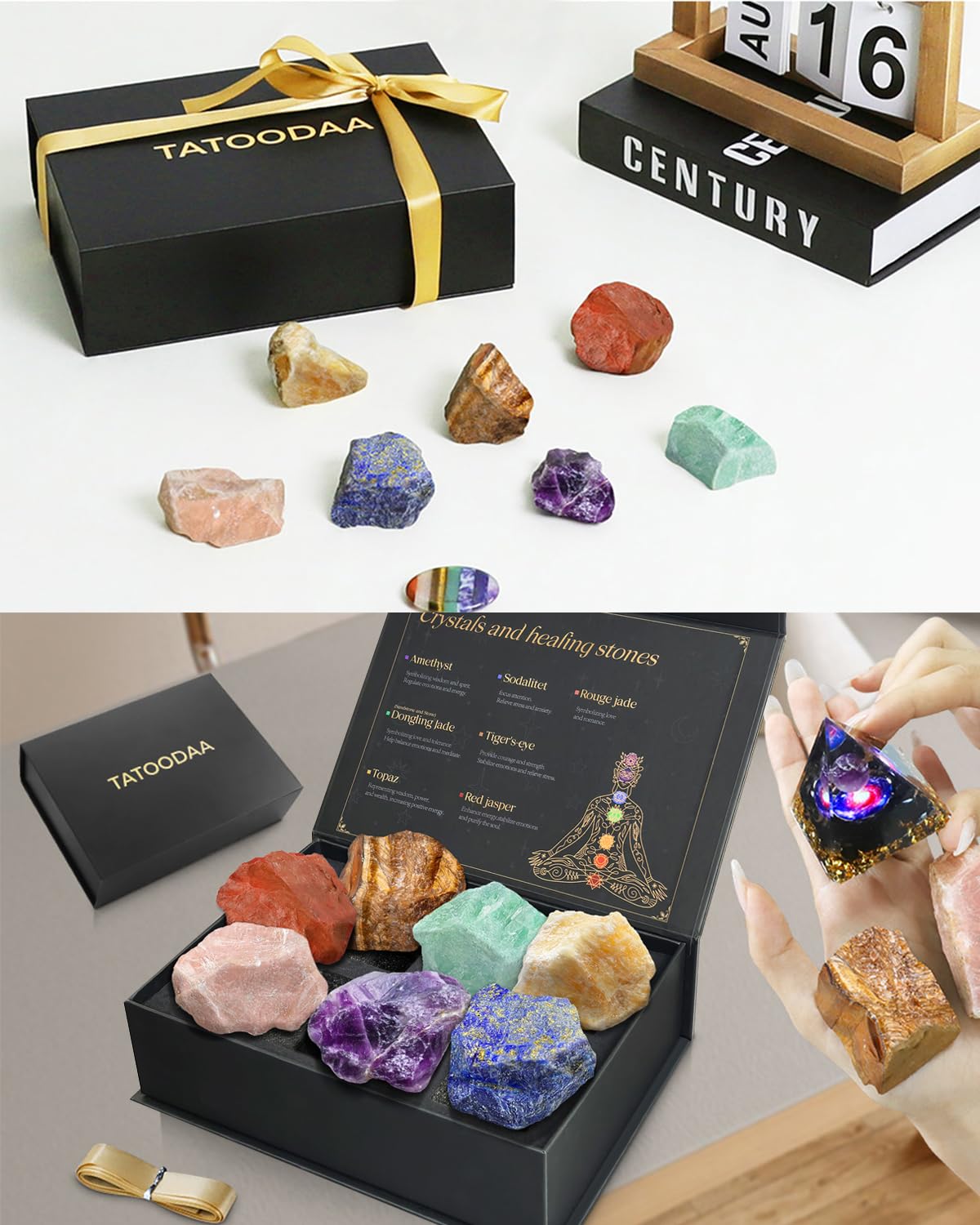 Chakra Stones Set with Crystal Cluster, (2-2.5 inch) Large Crystals and Healing Stones - Real Raw Healing Crystals and Stones Po