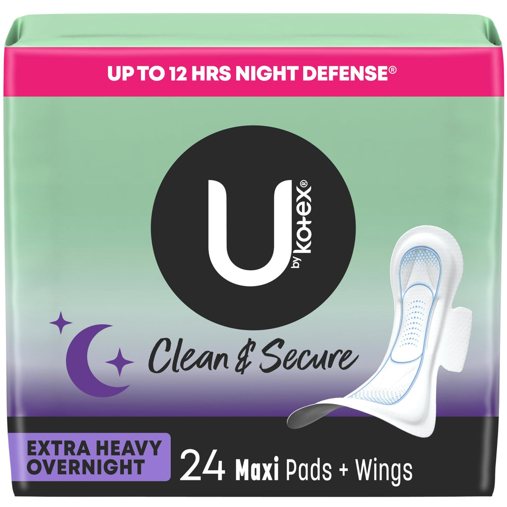 U by Kotex Clean & Secure Overnight Maxi Pads with Wings, Extra Heavy Absorbency, 24 Count (2 Packs of 12) (Packaging May Vary)