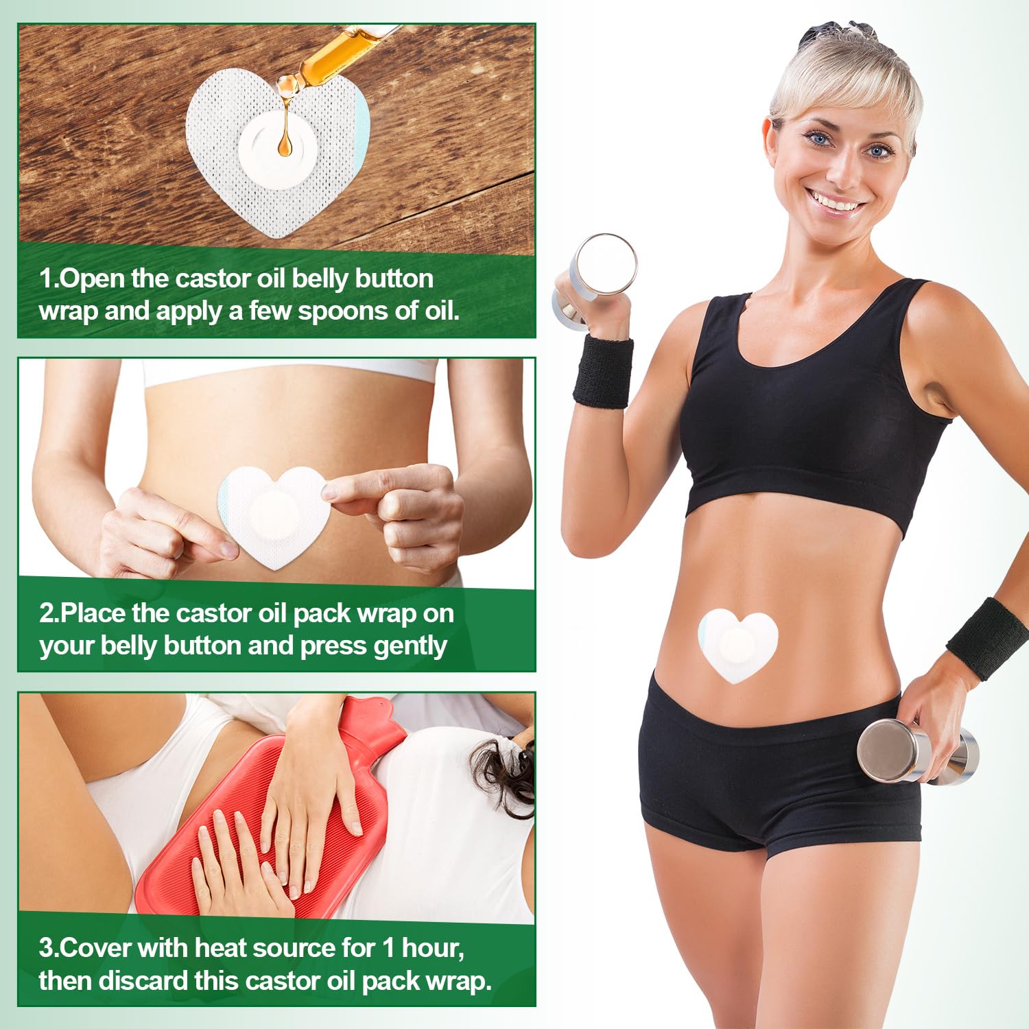 Gosknor 60pcs Castor Oil Wrap for Belly Button, 2.76x2.36 Inch Heart Shape Castor Patches Self-Adhesive & Highly Absorbent Belly