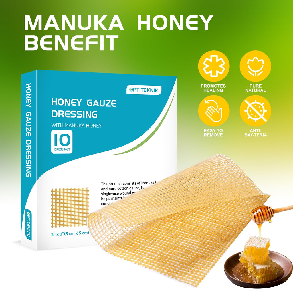 OPTITEKNIK Manuka Honey Gauze Dressing 2x2 Pack of 10, Manuka Honey Wound Care Bandage for Cuts, Scalds and Burns, Wound Dressin