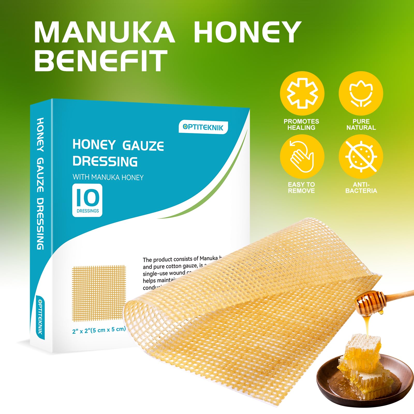 OPTITEKNIK Manuka Honey Gauze Dressing 2x2 Pack of 10, Manuka Honey Wound Care Bandage for Cuts, Scalds and Burns, Wound Dressin