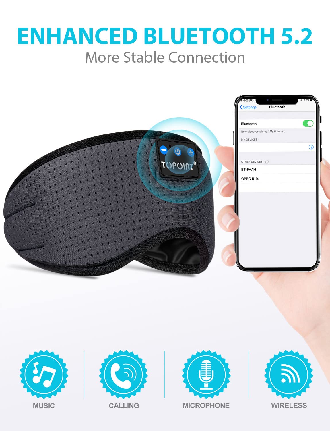 Sleep Headphones Wireless Bluetooth, TOPOINT Eye Mask for Sleeping with Microphone Handsfree, Silk Sleep Mask for Side Sleepers