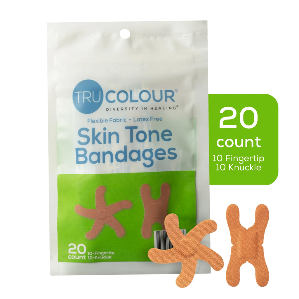 Tru-Colour Skin Tone Bandages Variety Pack - Flexible Fabric Adhesive Strips, Fingertip, Knuckle Bandages - Olive, 2 Pack, 50 Co