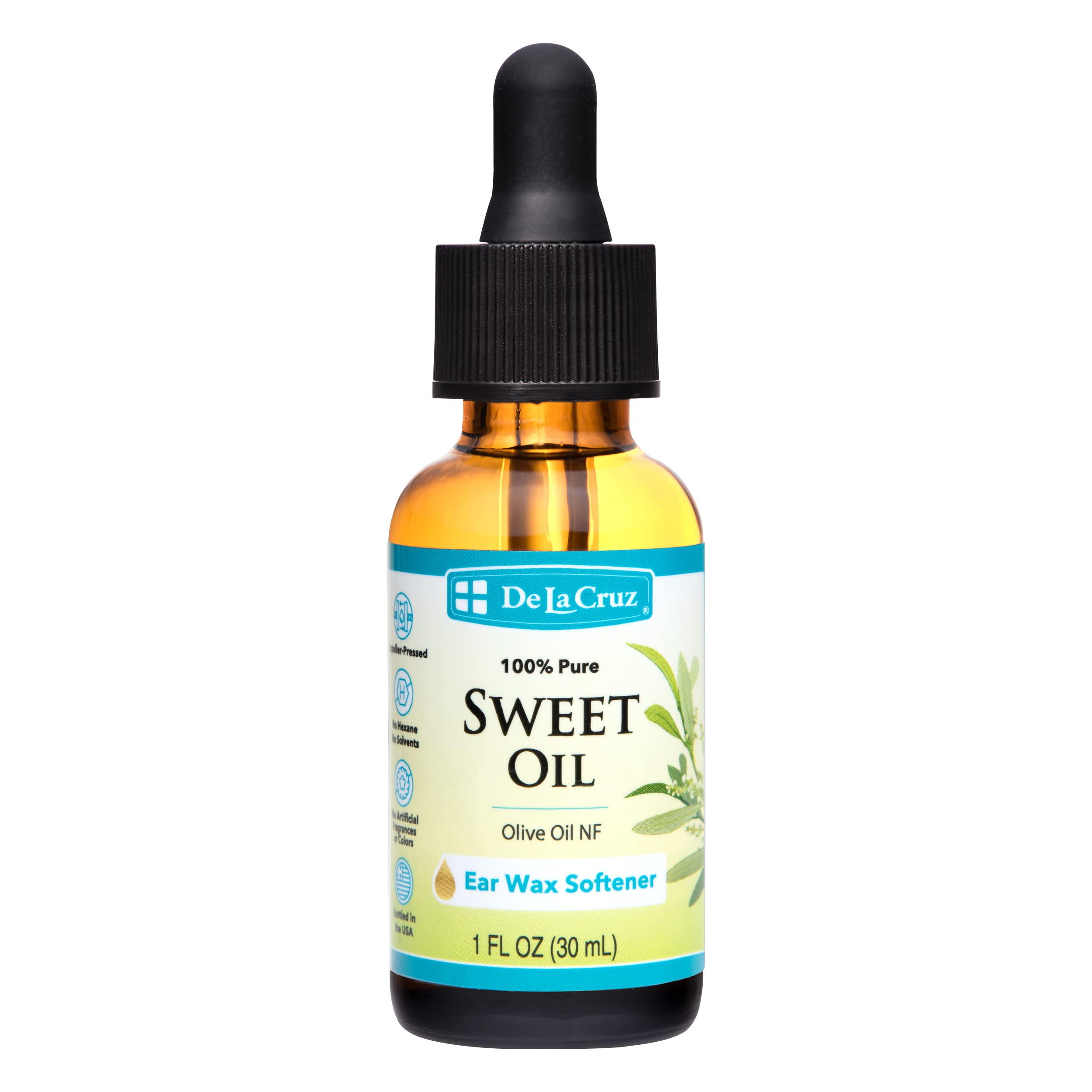 De La Cruz 100% Pure Sweet Oil for Ears with Glass Dropper  All Natural and Gentle Ear Wax Removal  1 Fl OZ