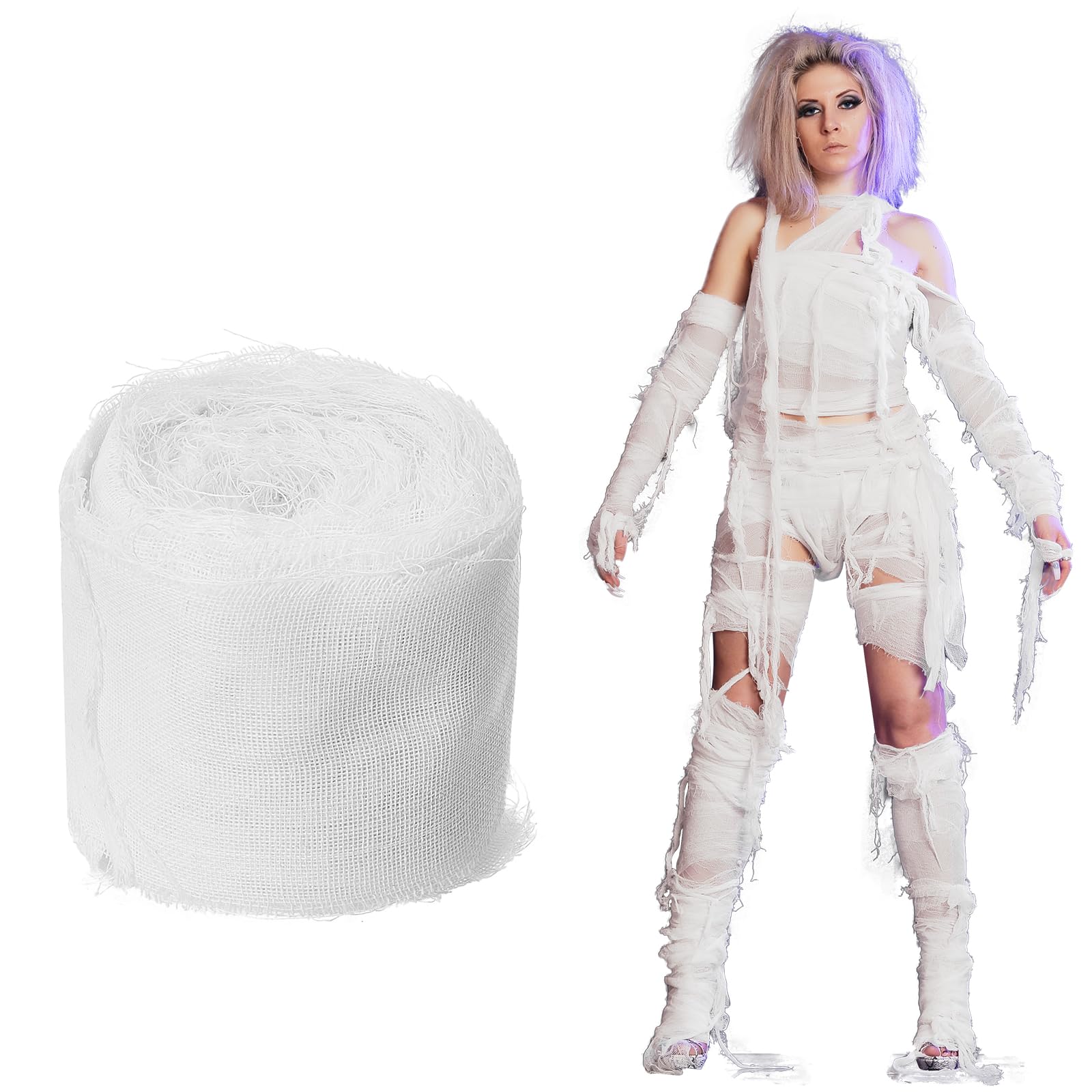 Preboun Halloween Mummy Bandage Wrap Bloody Gauze Zombie Makeup Props Creepy Costume Bandage Cosplay Party (White,65.6 ft X 3.15