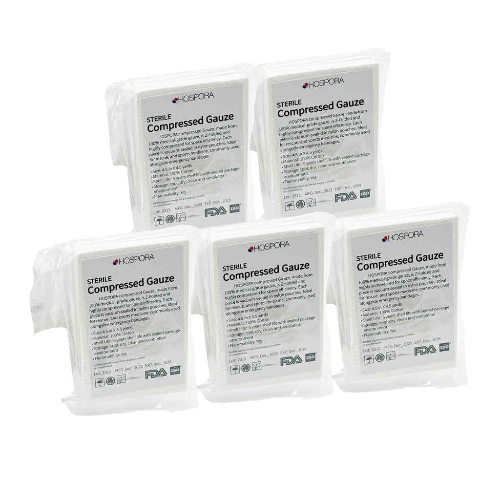 HOSPORA 100% Cotton Z Folded Sterile Compressed Gauze, 4.5 in x 4.1 Yards, First Aid and Emergency Kit Gauze Pads(Pack of 5)