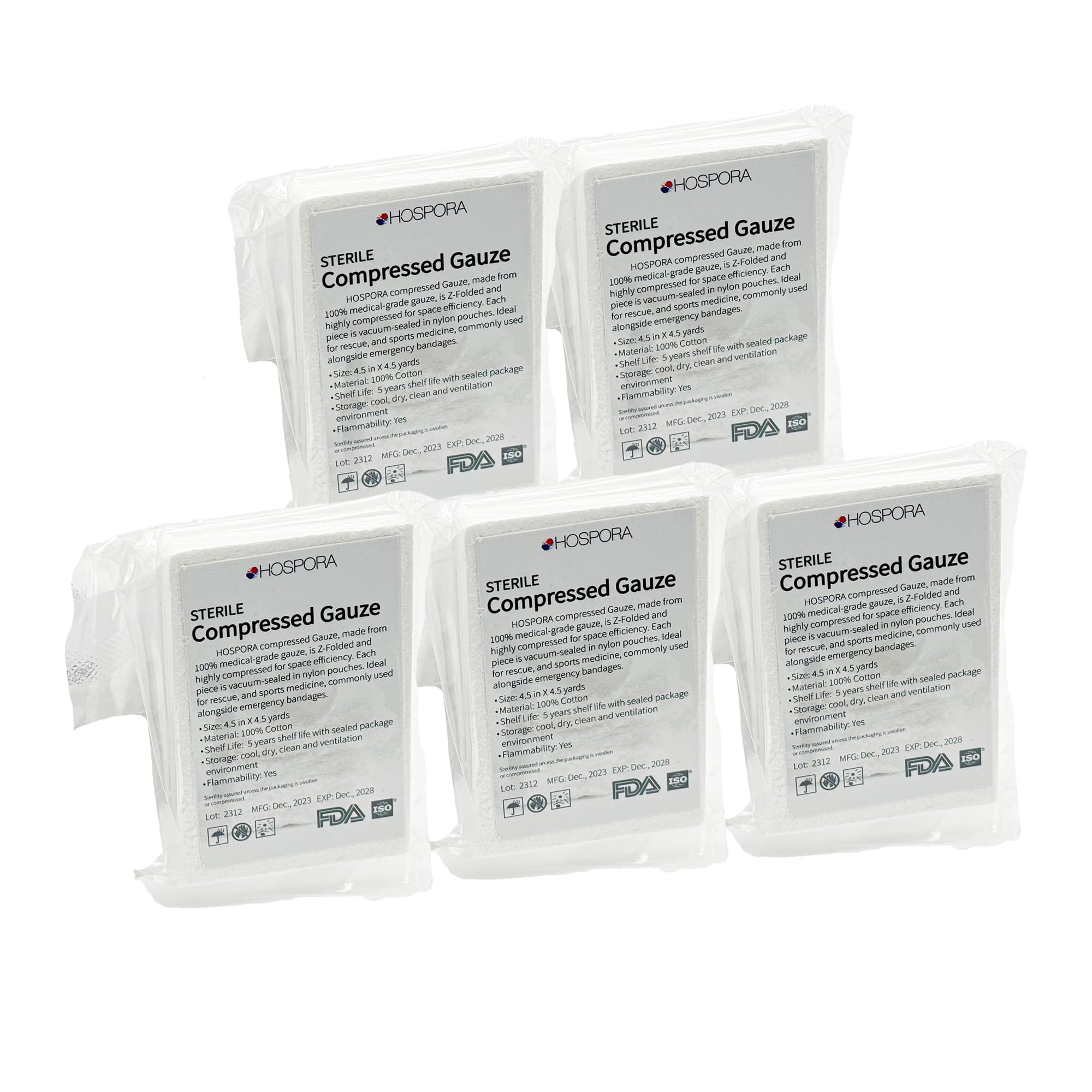 HOSPORA 100% Cotton Z Folded Sterile Compressed Gauze, 4.5 in x 4.1 Yards, First Aid and Emergency Kit Gauze Pads(Pack of 5)