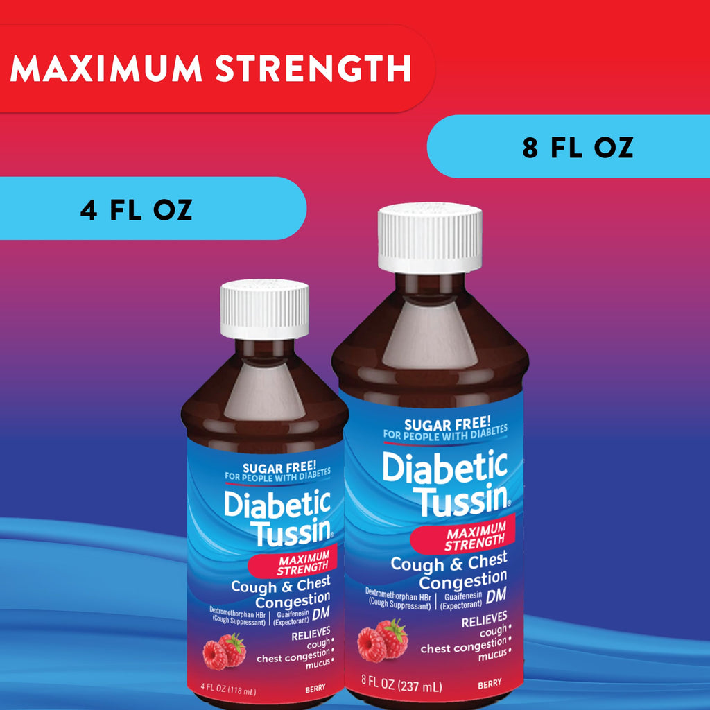 Diabetic Tussin DM Maximum Strength Cough and Chest Congestion Relief Liquid Cough Syrup, Safe for Diabetics, Berry Flavored, 4