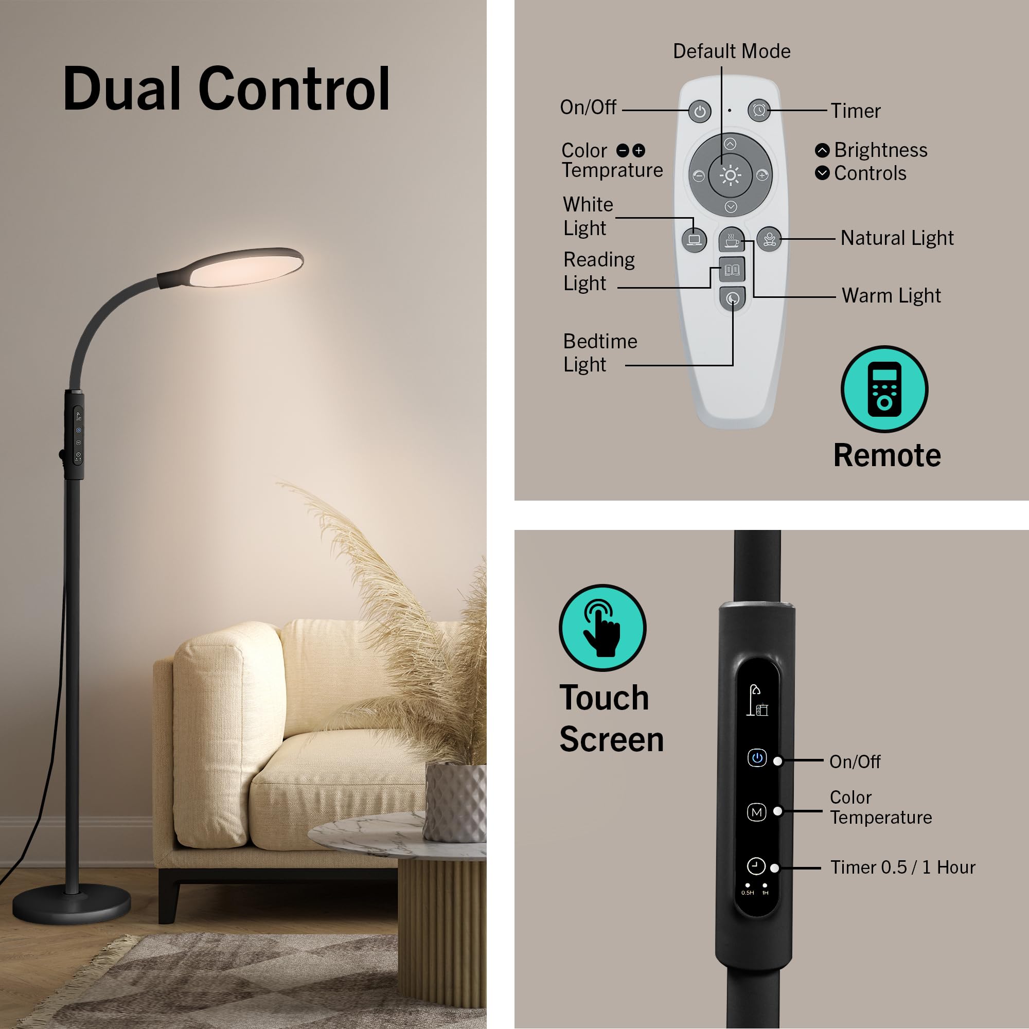 PRIMETEK Happy Lamp10000 Lux Mood Lamp, Dual Control Remote,Touch Screen Sad Lamp, Adjustable LED Floor Lamp, UV-Free Sun Light,