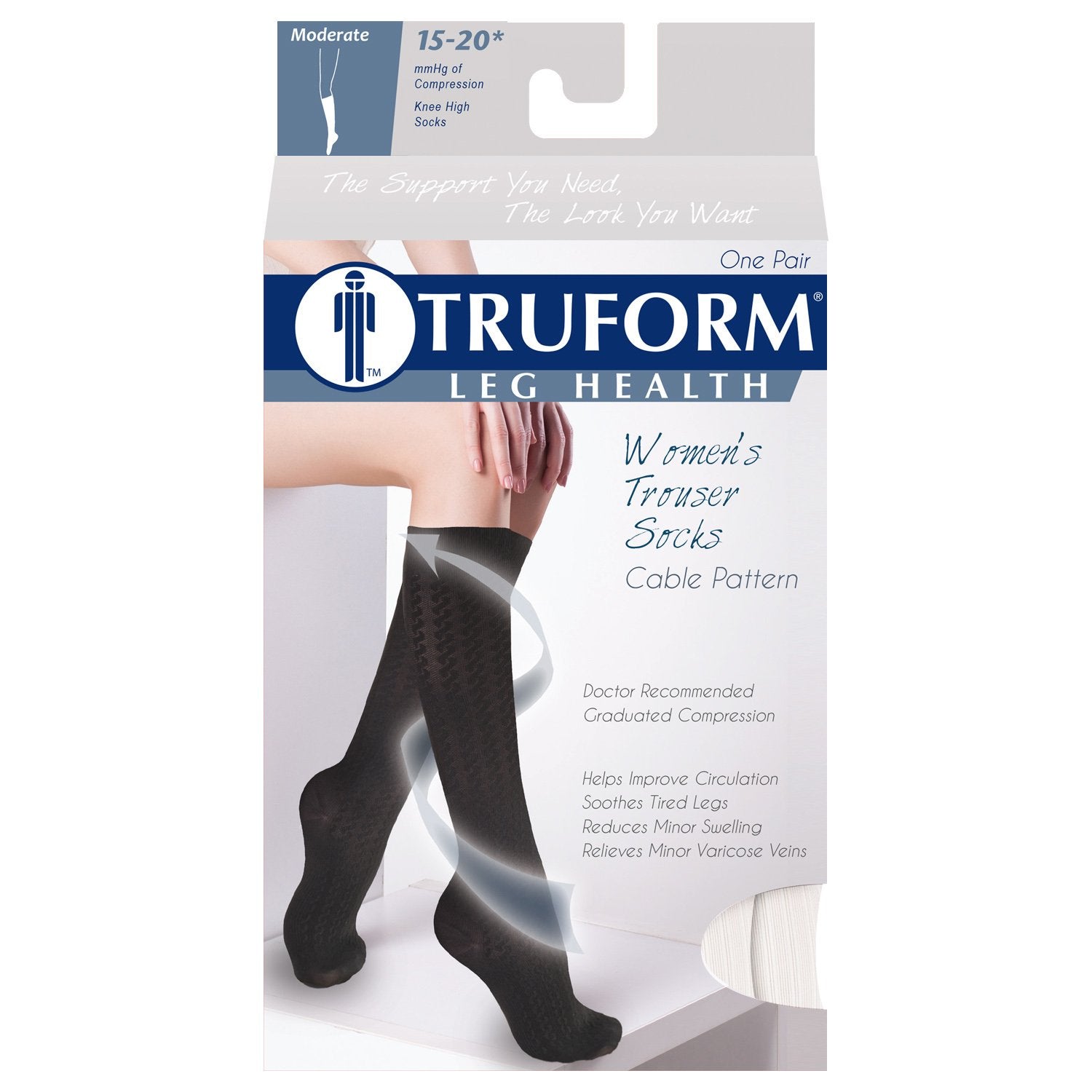 Truform Compression Socks, 15-20 mmHg, Women's Dress Socks, Knee High Over Calf Length, White Cable Knit, X-Large