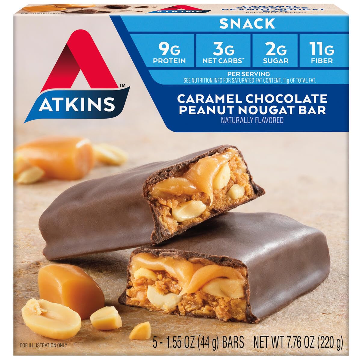Atkins Caramel Chocolate Peanut Nougat Snack Bar, Protein Snack, High in Fiber, 2g Sugar, Keto Friendly, 5 Count