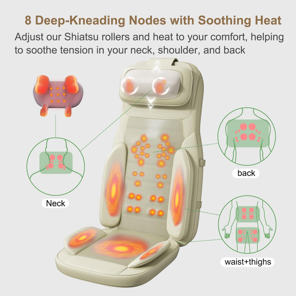Rainwolf Shiatsu Neck and Back Massage Cushion with Heat - 4D Deep Tissue Kneading Full-Back Massager for Relief Fatigue, Adjust