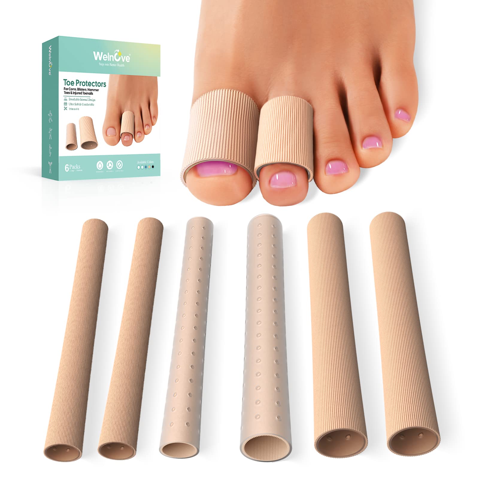 Welnove Cuttable Toe Tubes Sleeves - 6 Pack Toe Protectors for Corns, Calluses, Blisters - Fabric & Breathable Gel Lining Toe Sl