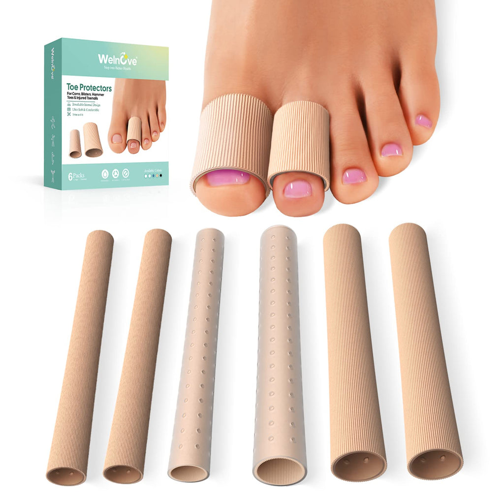 Welnove Cuttable Toe Tubes Sleeves - 6 Pack Toe Protectors for Corns, Calluses, Blisters - Fabric & Breathable Gel Lining Toe Sl