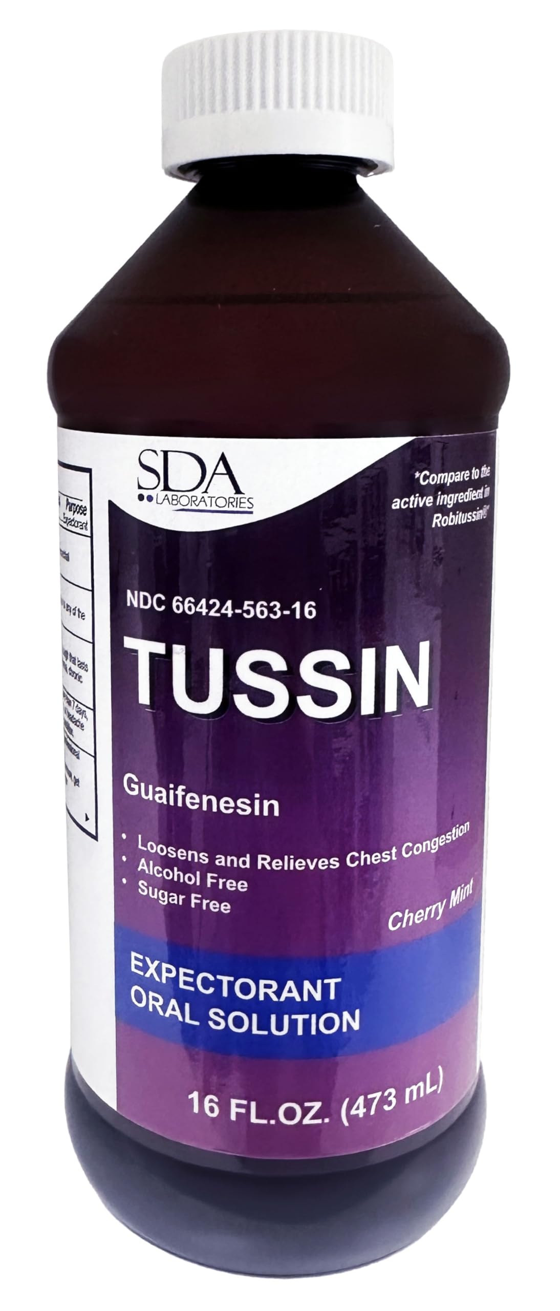 SDA LABORATORIES Tussin Guaifenesin Expectorant, Cough Medicine Oral Solution, 16 Fl Oz Liquid, Cherry Mint Flavor, Alcohol-Free