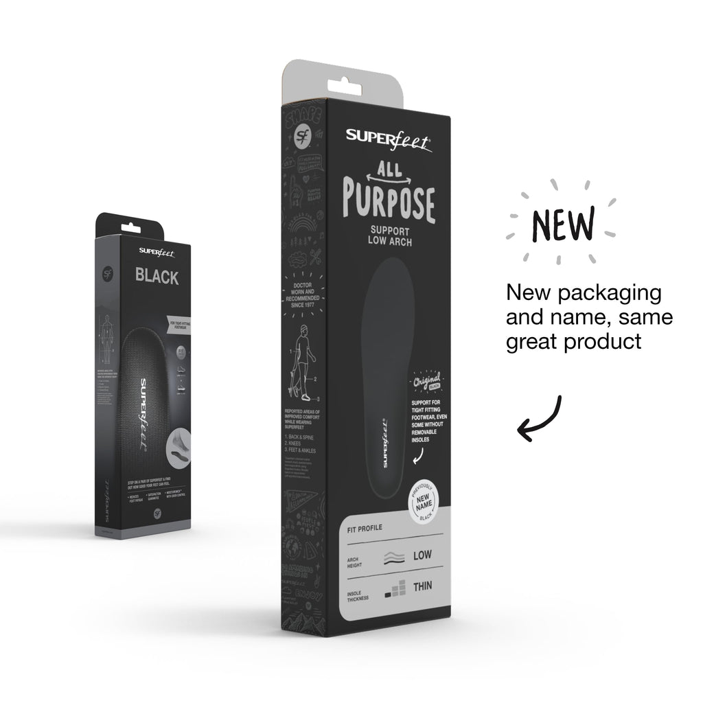 Superfeet All-Purpose Support Low Arch Insoles (Black) - Trim-to-Fit Orthotic Shoe Inserts for Thin, Tight Shoes - Professional