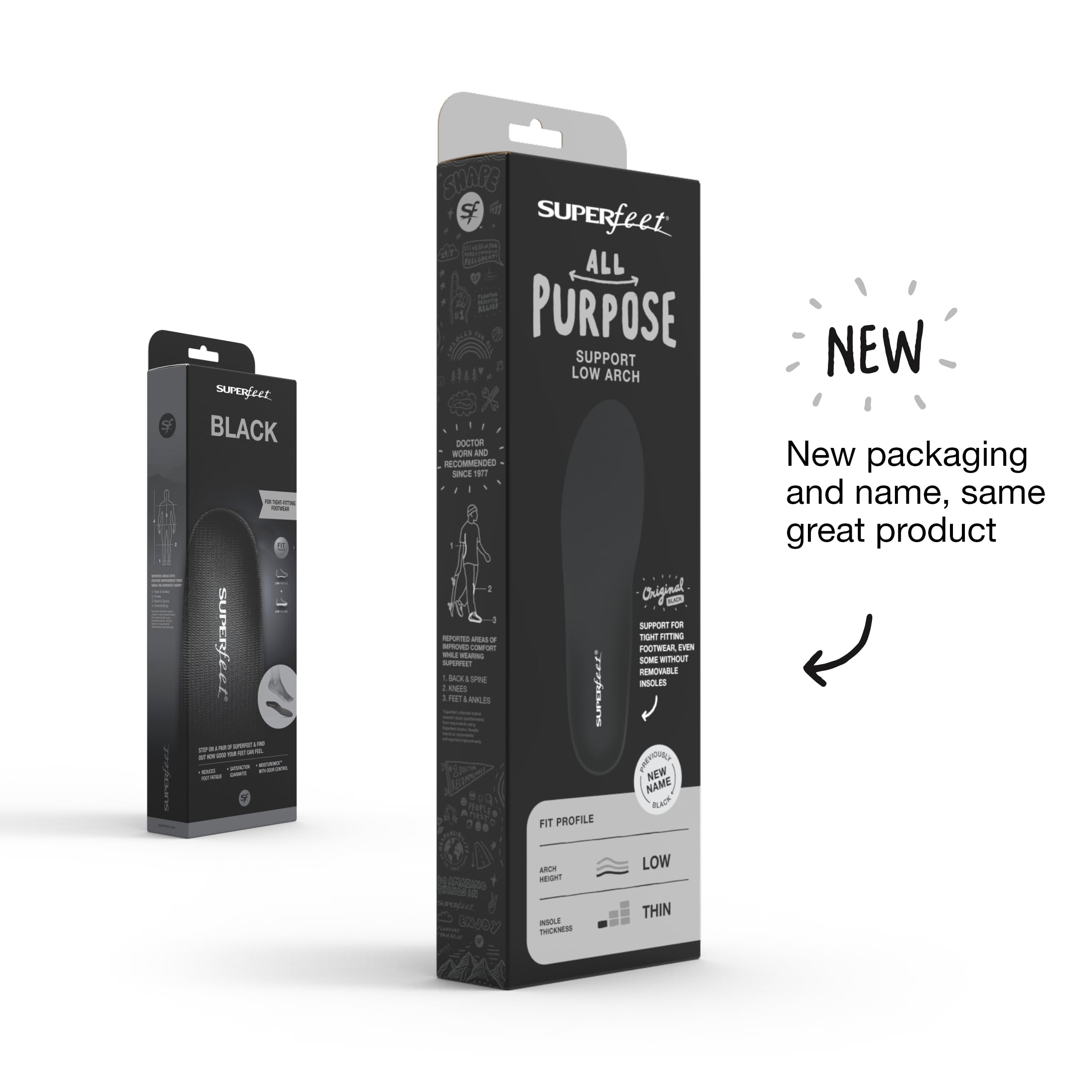 Superfeet All-Purpose Support Low Arch Insoles (Black) - Trim-to-Fit Orthotic Shoe Inserts for Thin, Tight Shoes - Professional