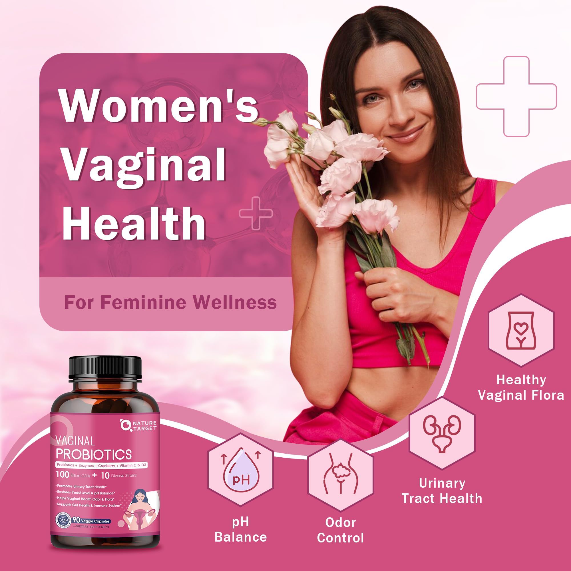 NATURE TARGET Vaginal Womens Probiotics, 100 Billion CFUs Probiotics & Prebiotics with Digestive Enzymes, Cranberry & D-Mannose
