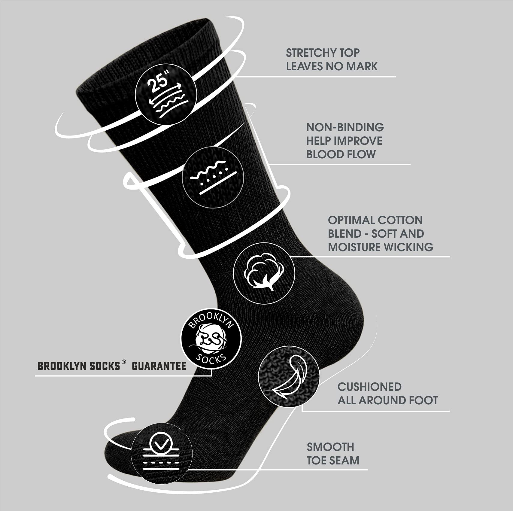 3 Pairs of Cotton Diabetic Neuropathy Crew Socks (13-16, Fits Men's Shoe Size 12-14.5, Black)
