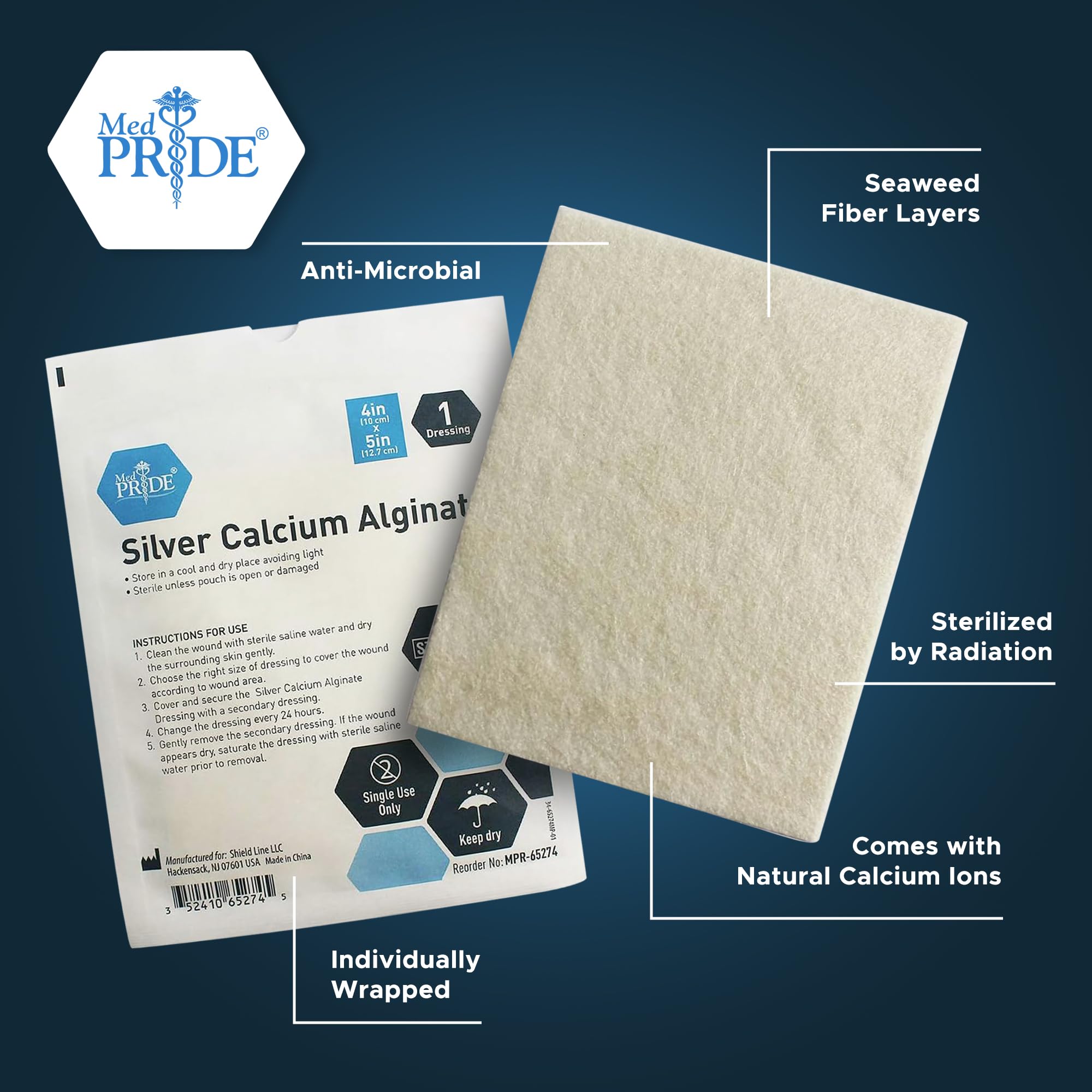 MED PRIDE Silver Calcium Alginate Wound Dressing 4X5 Pads Non-Stick Highly Absorbent 10-Pack