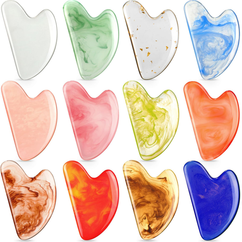 Sherr 12 Pcs Gua Sha Facial Tools Resin Heart Shaped Massage Guasha Tool for Face Guasha Board for Face Body Skin Massage Spa Ac