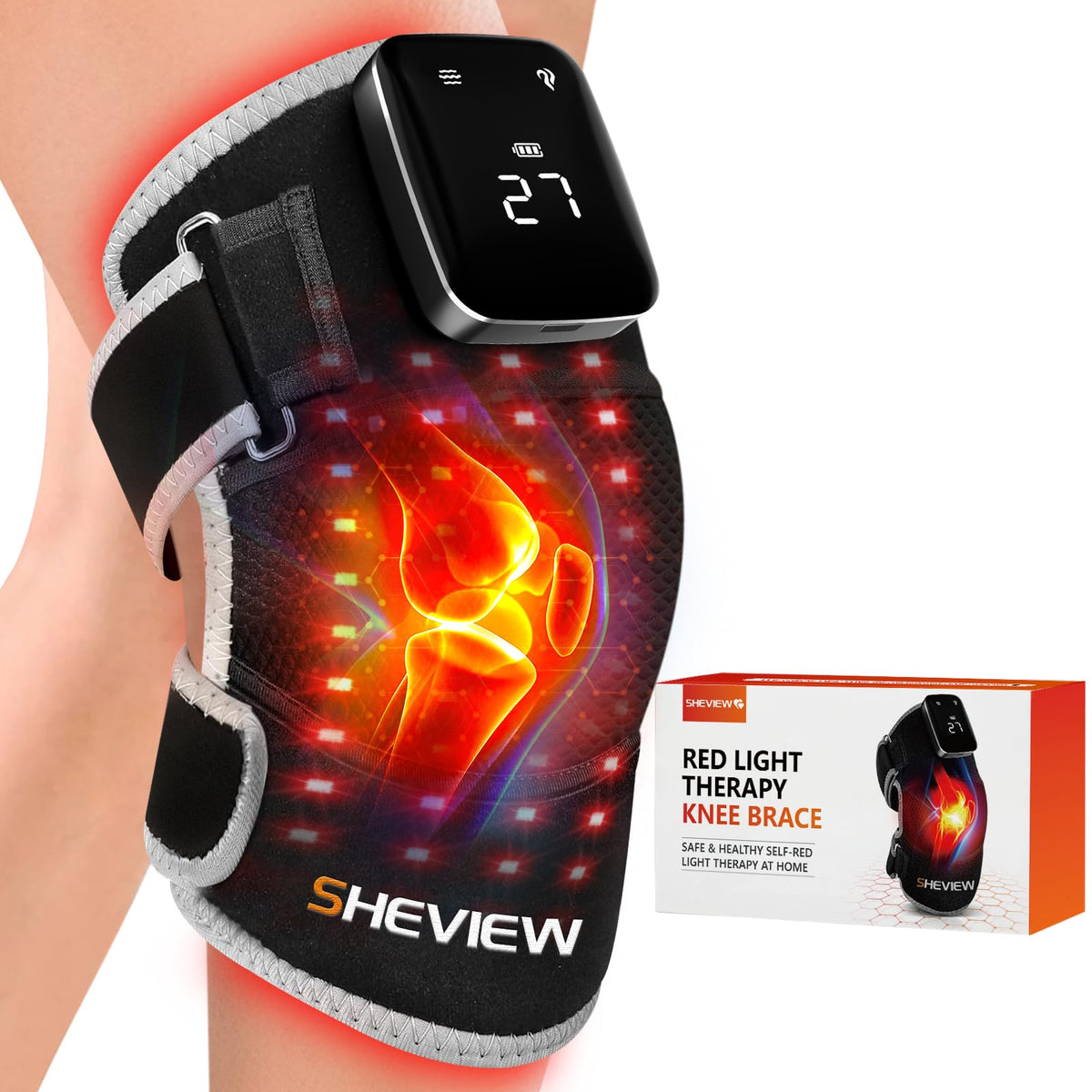 SHEVIEW Red Light Therapy for Knee & Shoulder, Upgraded 72 LED Cordless 5000mAh Knee Massage Brace With 5 Vibration, 660nm & 850
