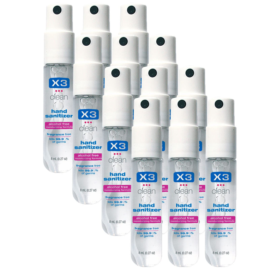 X3 Clean Mini Hand Sanitizer Spray - Alcohol Free and Fragrance Free - Pocket Size 0.27 Ounce Bottles (Pack of 12)