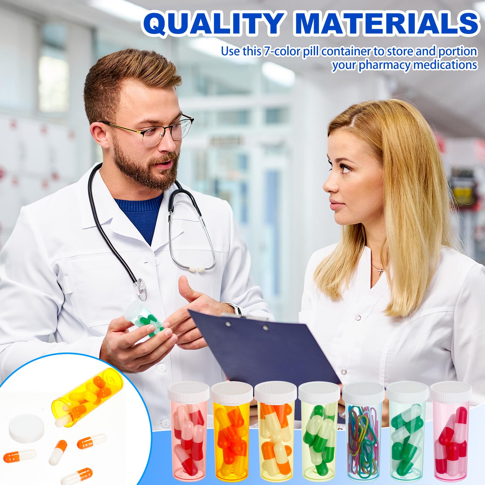 Honeydak 70 Pcs Empty Pill Bottles with Caps Weekly Plastic Prescription Bottles 7 Color Medicine Container with Lids for Pills