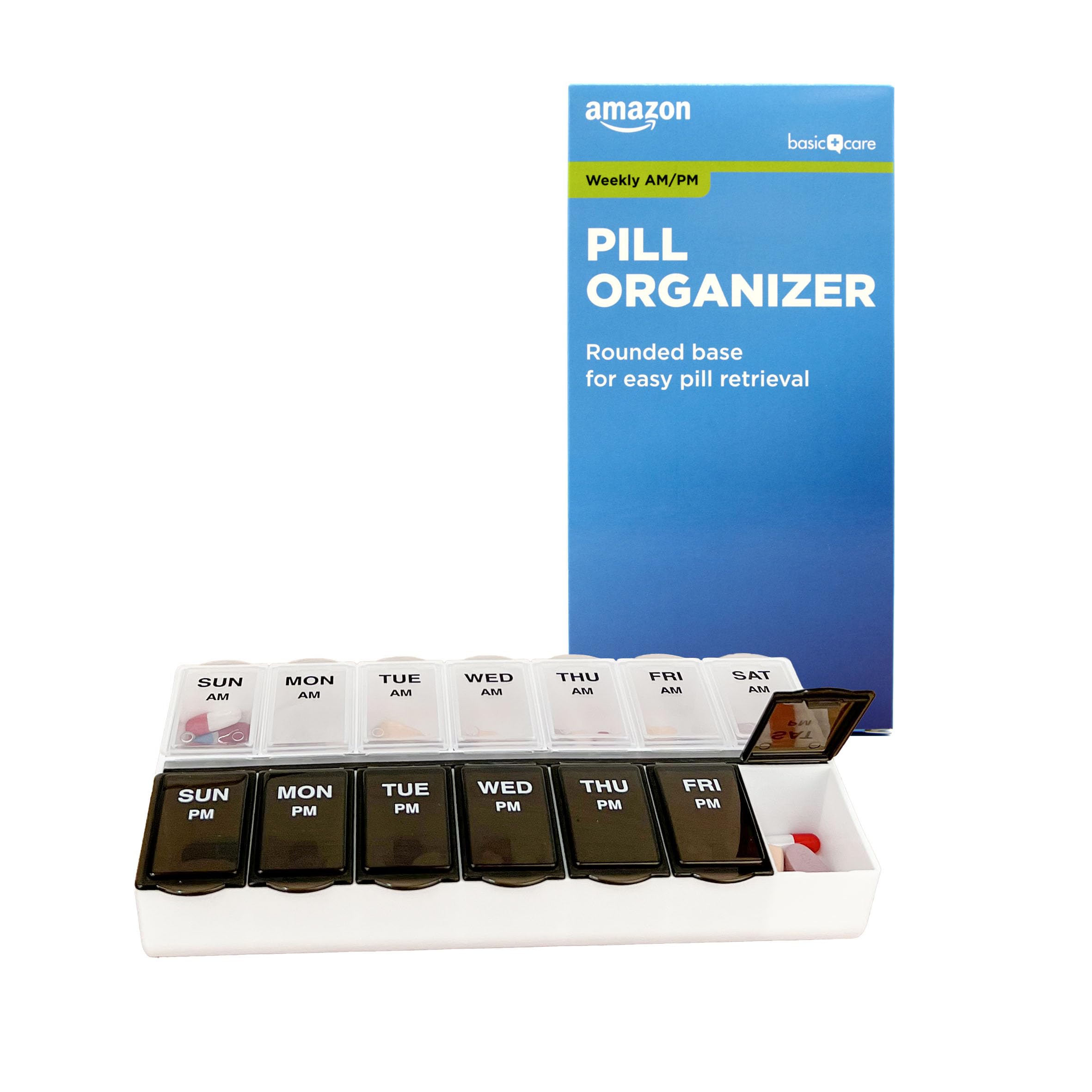 Amazon Basic Care (7-Day) AM/PM Pill Organizer, Vitamin Case, And Medicine Box, Large Compartments, 2 Times a Day, Black and Cle