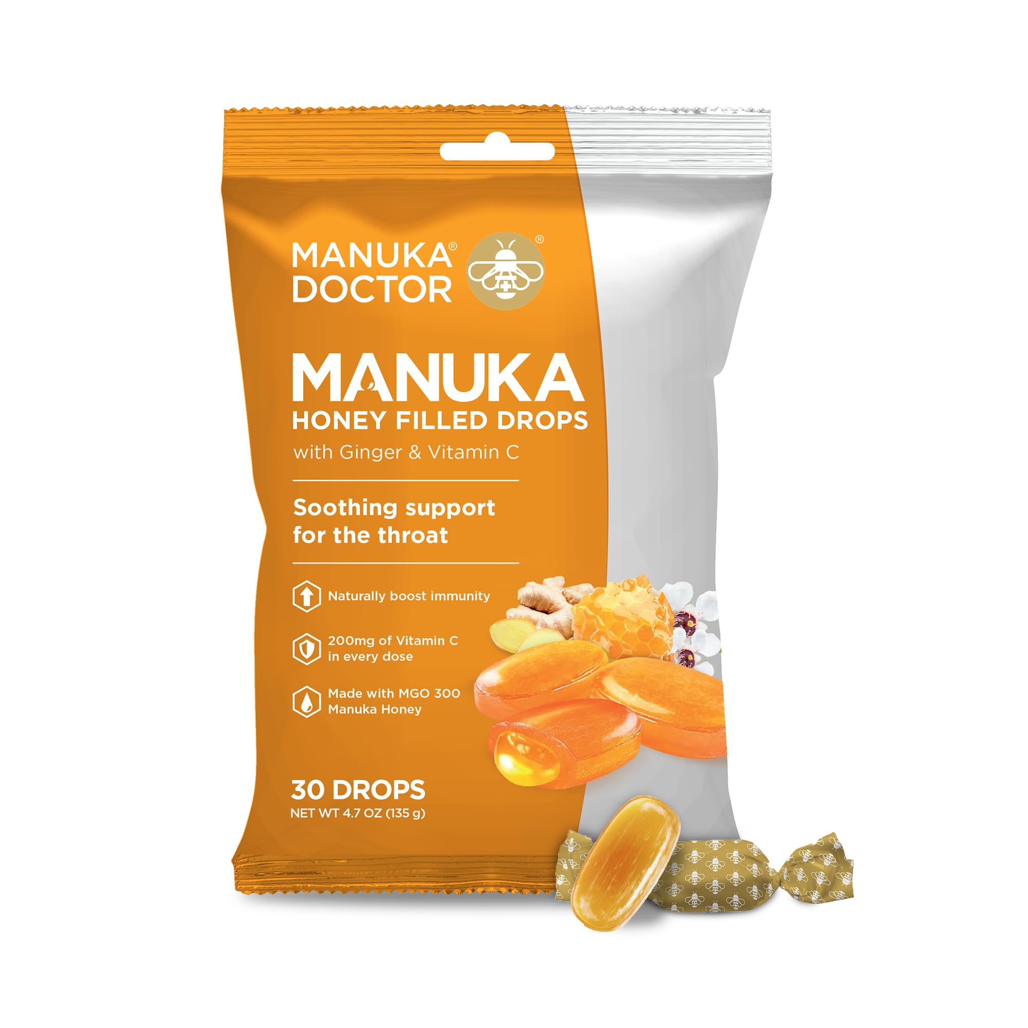Manuka Doctor Cough Drops, Manuka Middles, 30 Drops (Pack of 1) Bag Throat Lozenges Infused with Raw Manuka Honey, Vitamin C & G