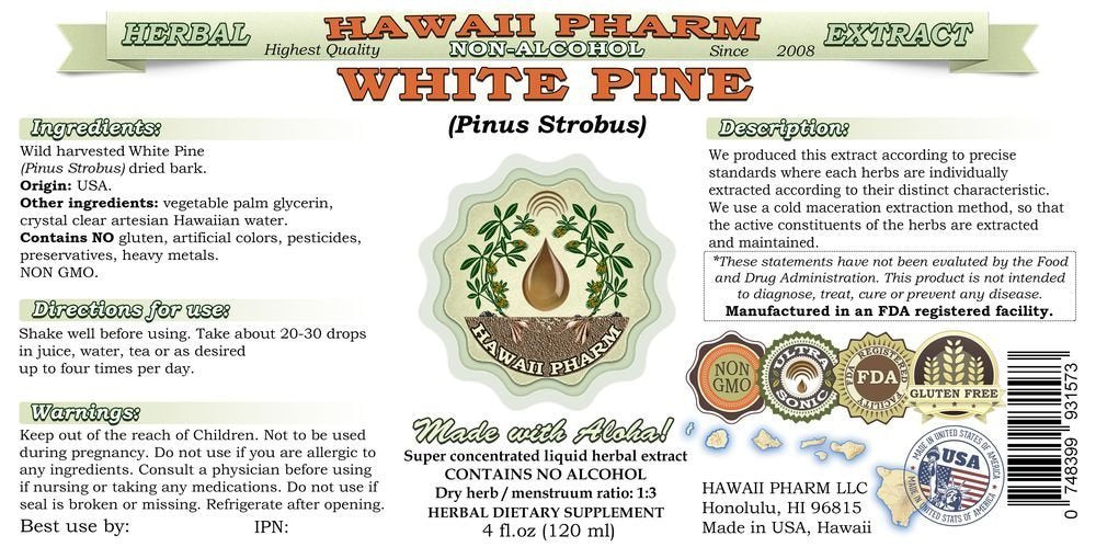 Hawaii Pharm White Pine Alcohol-Free Liquid Extract, White Pine (Pinus Strobus) Dried Bark Glycerite Natural Herbal Supplement,