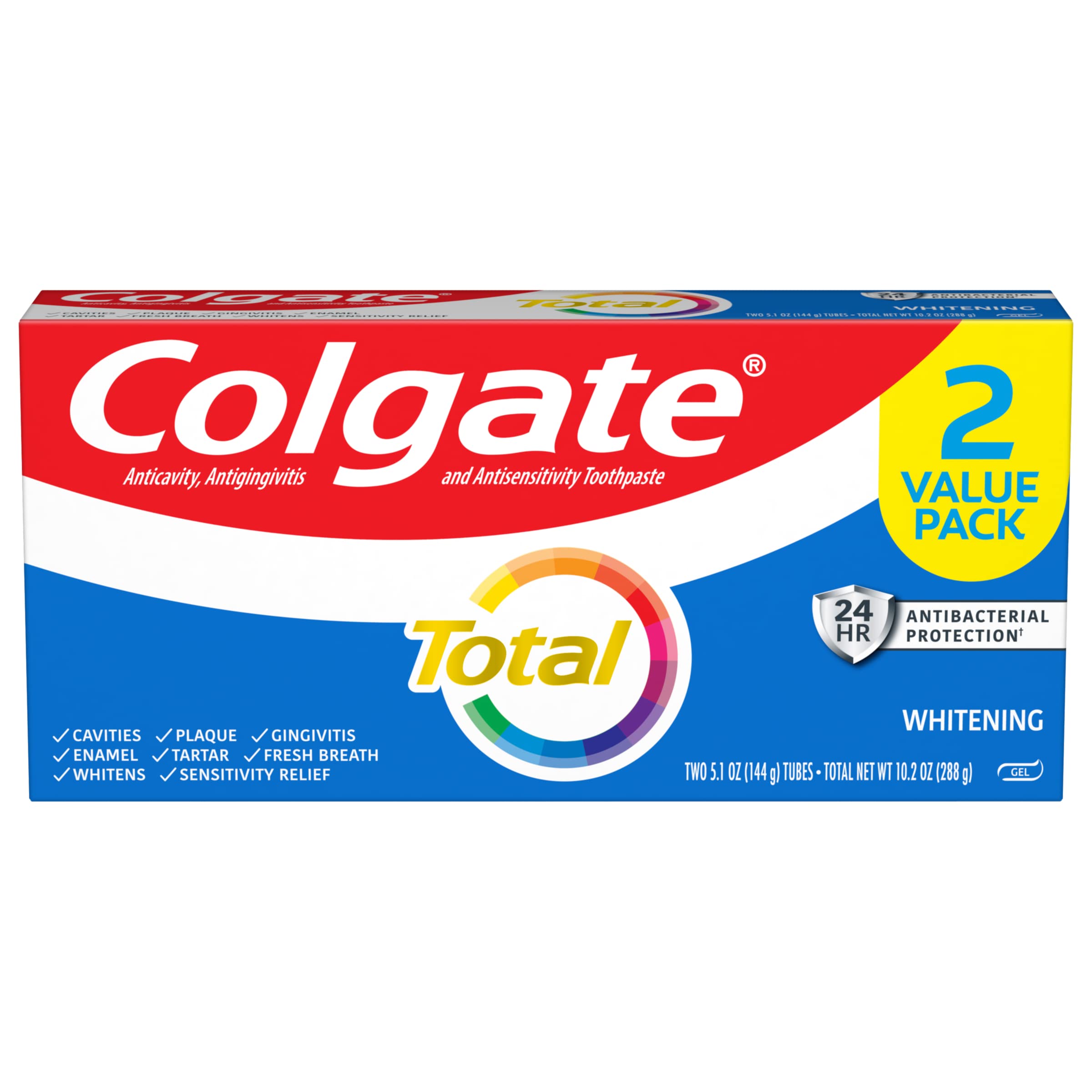 Colgate Total Whitening Gel Toothpaste, Mint Toothpaste, 5.1 oz Tube, 2 Pack