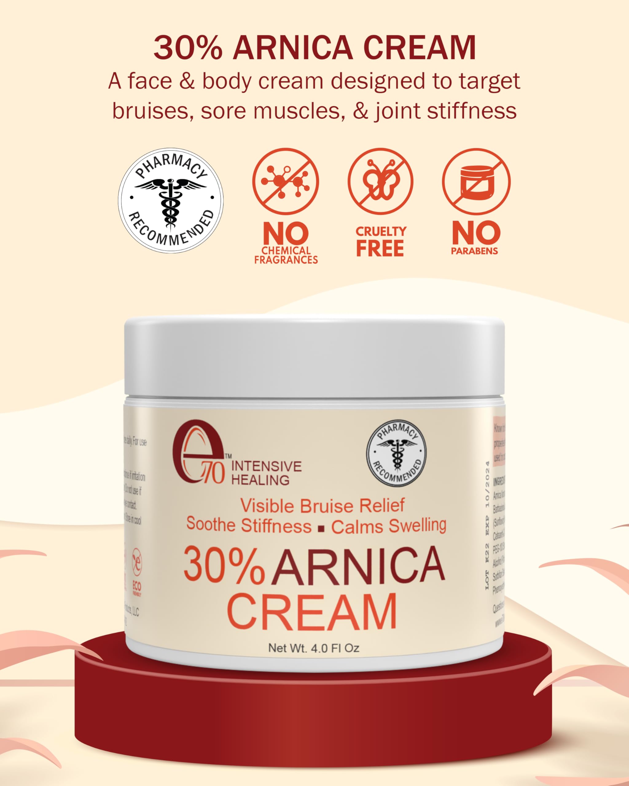 e70 Arnica Cream - Vitamin K Cream to Remove Bruises & Soothe Sore Muscles & Joints with 30% Arnica Montana, Hyaluronic Acid & L