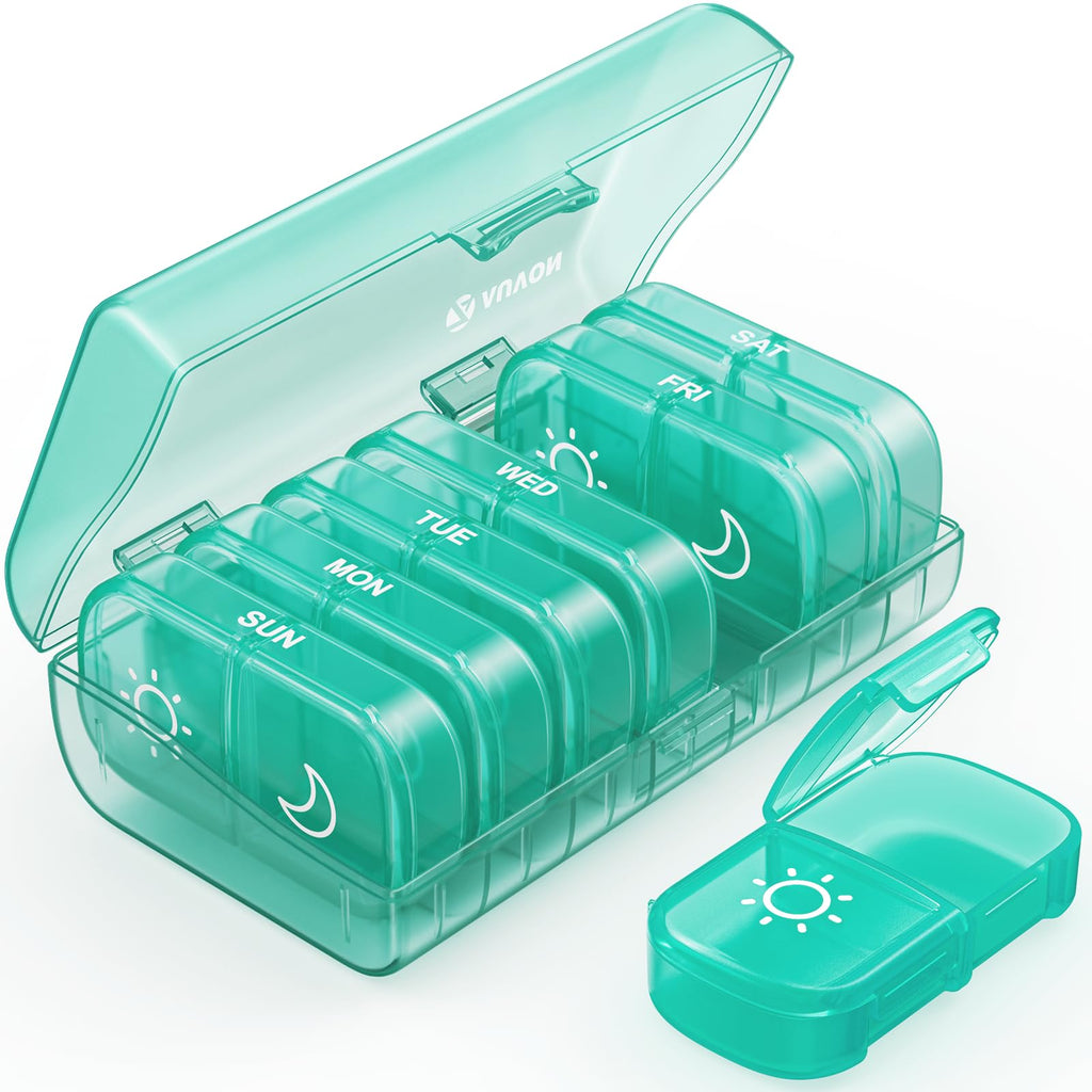 AUVON XL Weekly Pill Organizer 2 Times a Day, Pill Box 7 Day with One-Side Large Openings for Easy to Use, Cyan AM PM Pill Case 